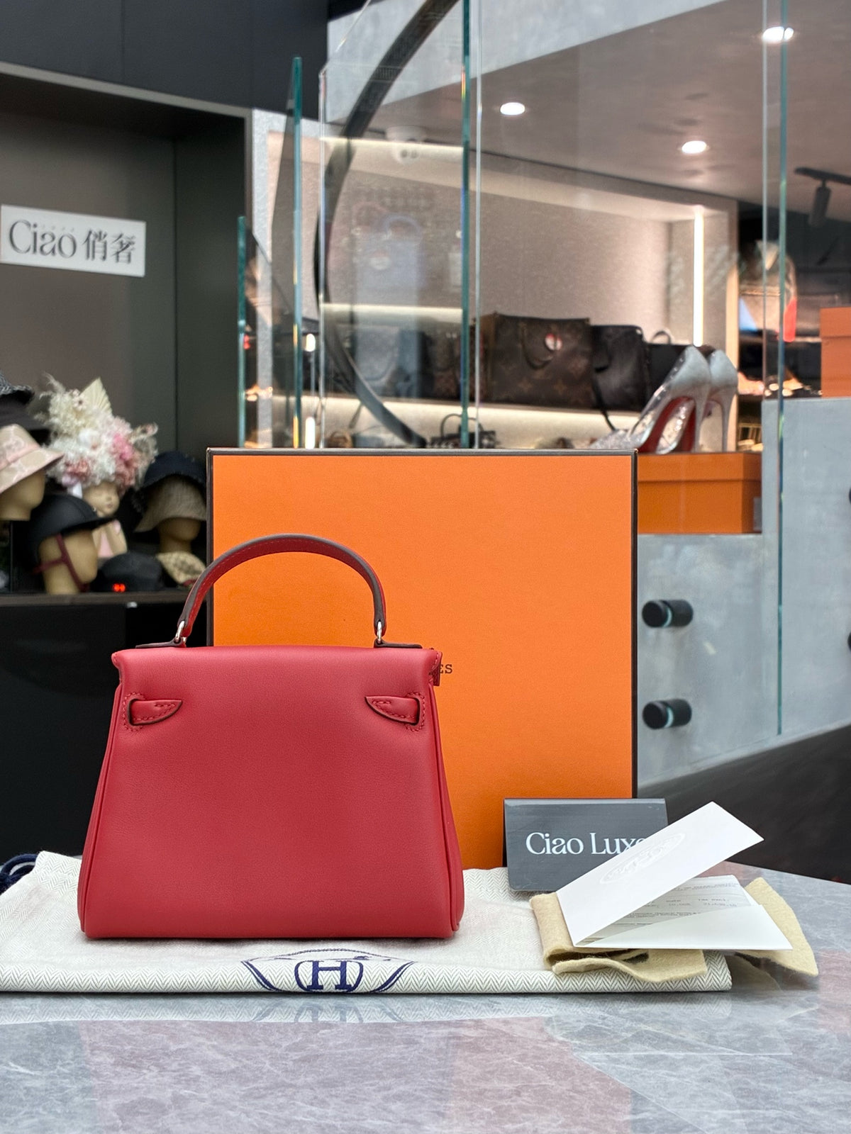 HERMÈS Kelly Doll – Sunshine Red & Rouge Casaque Two-Tone Leather, Palladium Hardware, W Stamp, Brand New