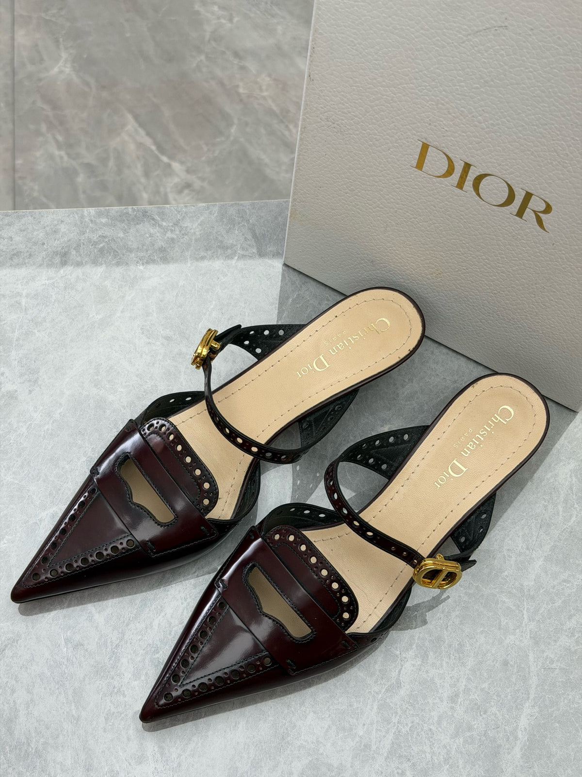 DIOR Pointed-Toe Cutout Pumps – Burgundy Leather, EU 38.5, Good Pre-Owned