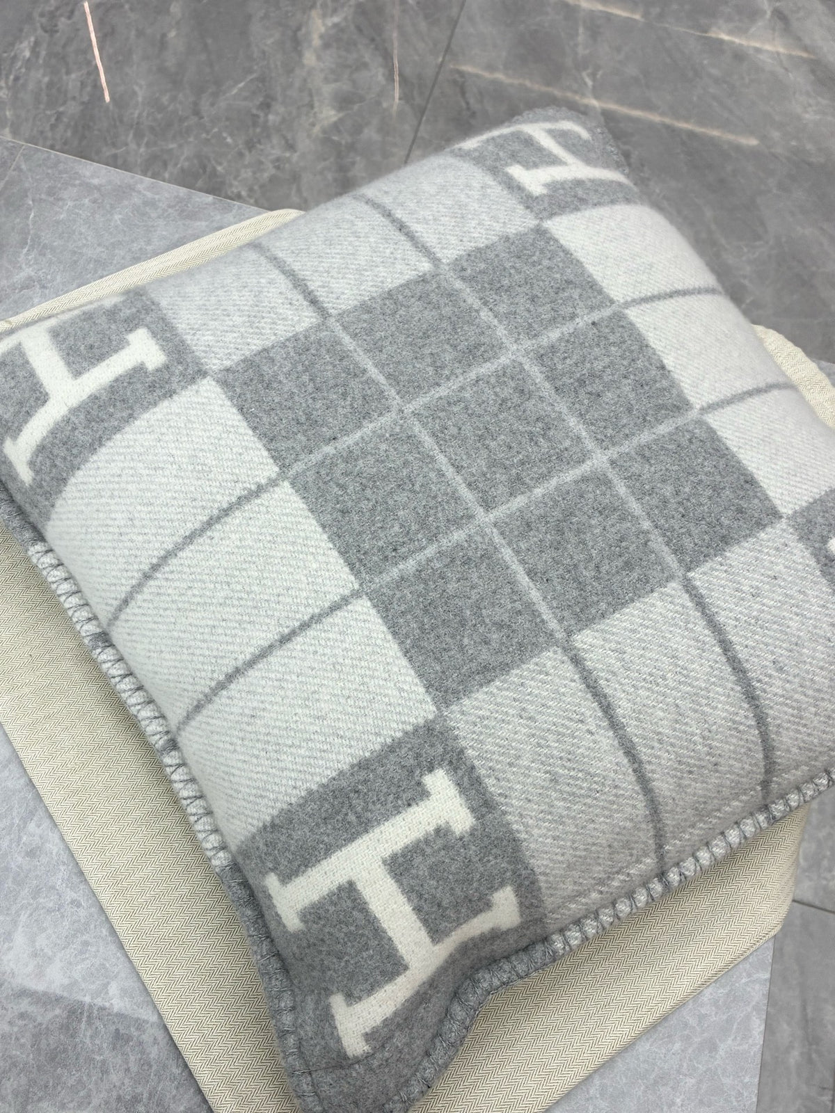 HERMÈS Avalon H Cushion – Gris & Ecru H Motif, Wool-Cashmere, Brand New