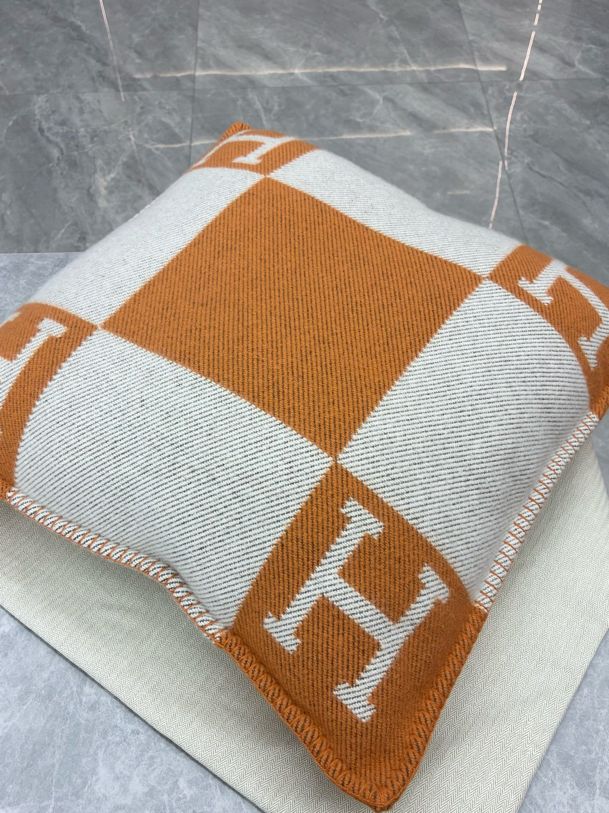 HERMÈS Avalon H Cushion – Orange & Ecru H Motif, Wool-Cashmere, Brand New