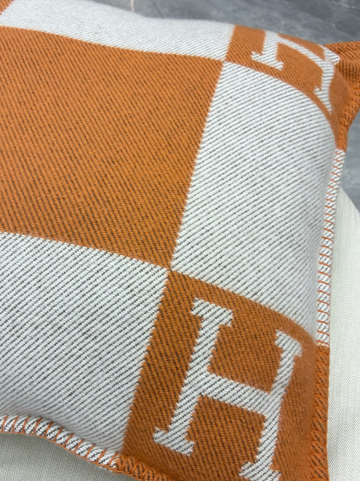 HERMÈS Avalon H Cushion – Orange & Ecru H Motif, Wool-Cashmere, Brand New