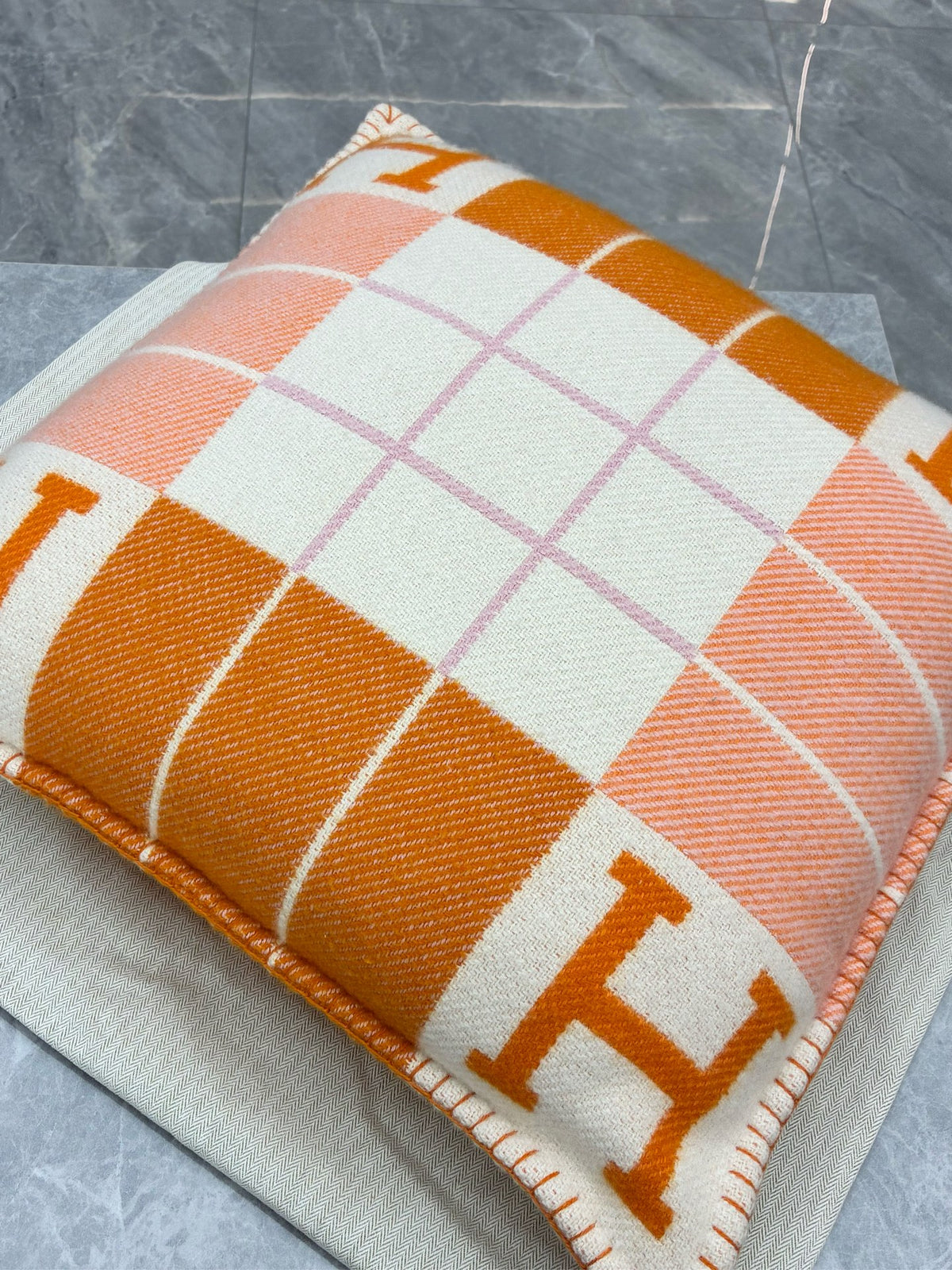 HERMÈS Avalon H Cushion – Orange & Pink H Journal Pattern, Wool-Cashmere, Brand New