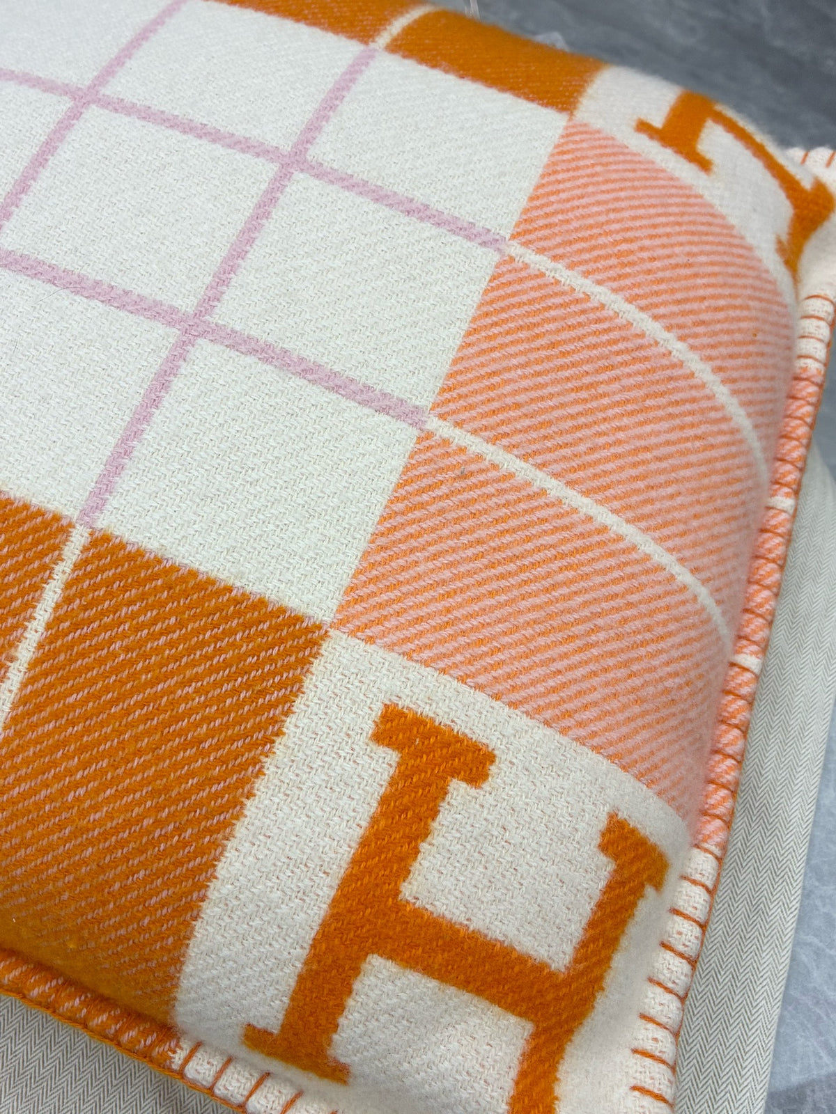 HERMÈS Avalon H Cushion – Orange & Pink H Journal Pattern, Wool-Cashmere, Brand New