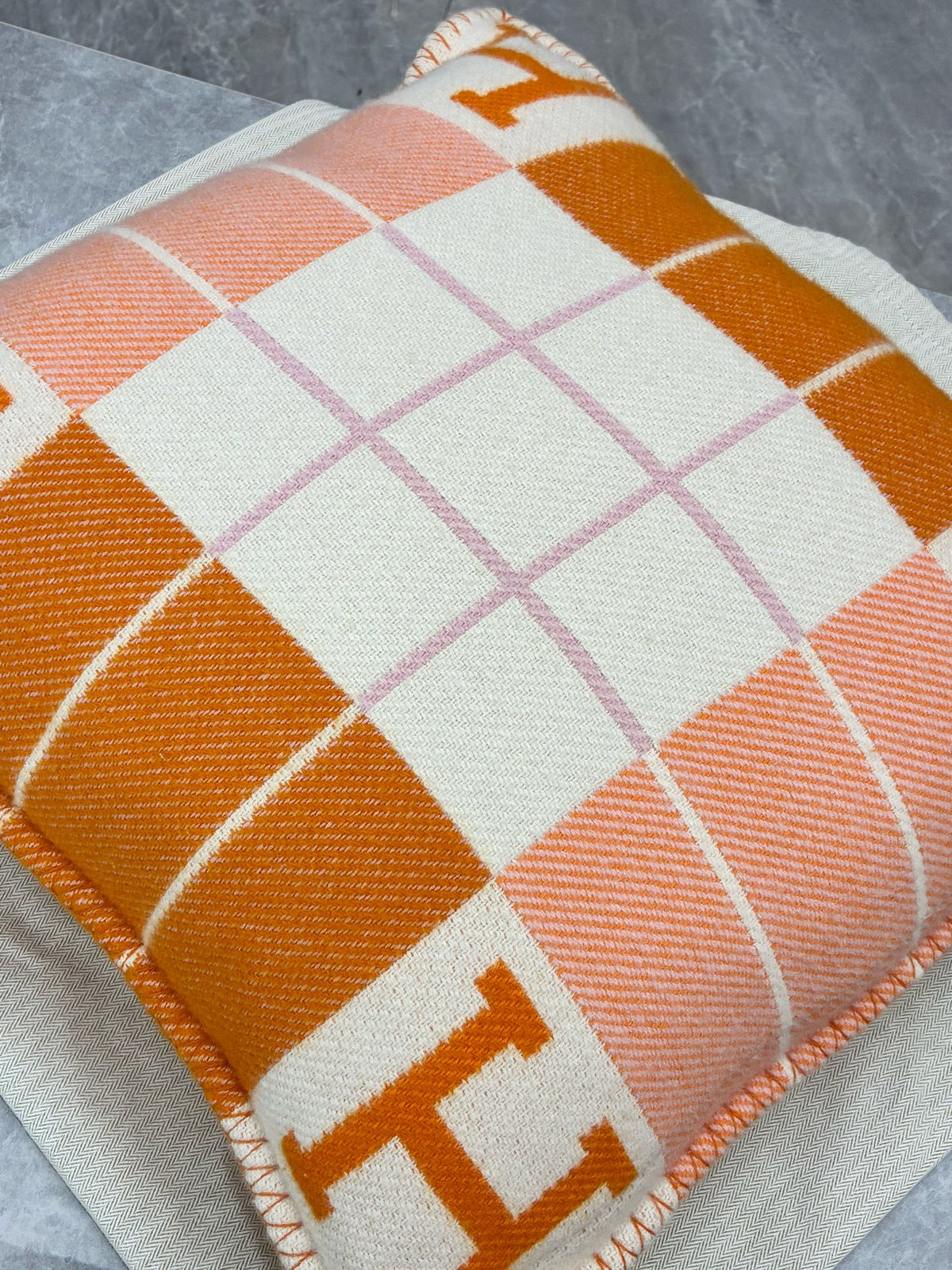 HERMÈS Avalon H Cushion – Orange & Pink H Journal Pattern, Wool-Cashmere, Brand New