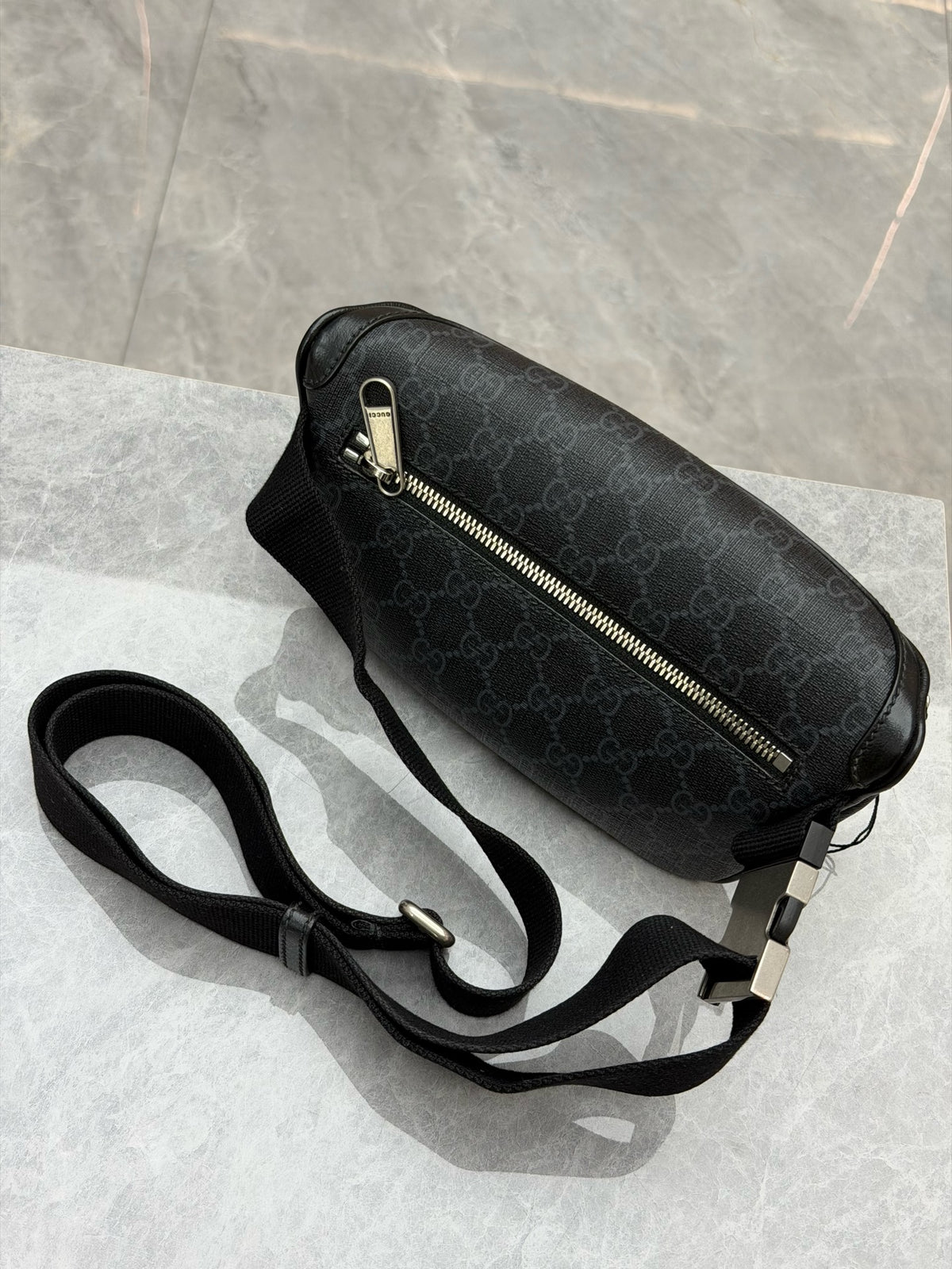 GUCCI Ophidia Belt Bag – Black GG Supreme Canvas with Web Stripe, Good Pre-Owned
