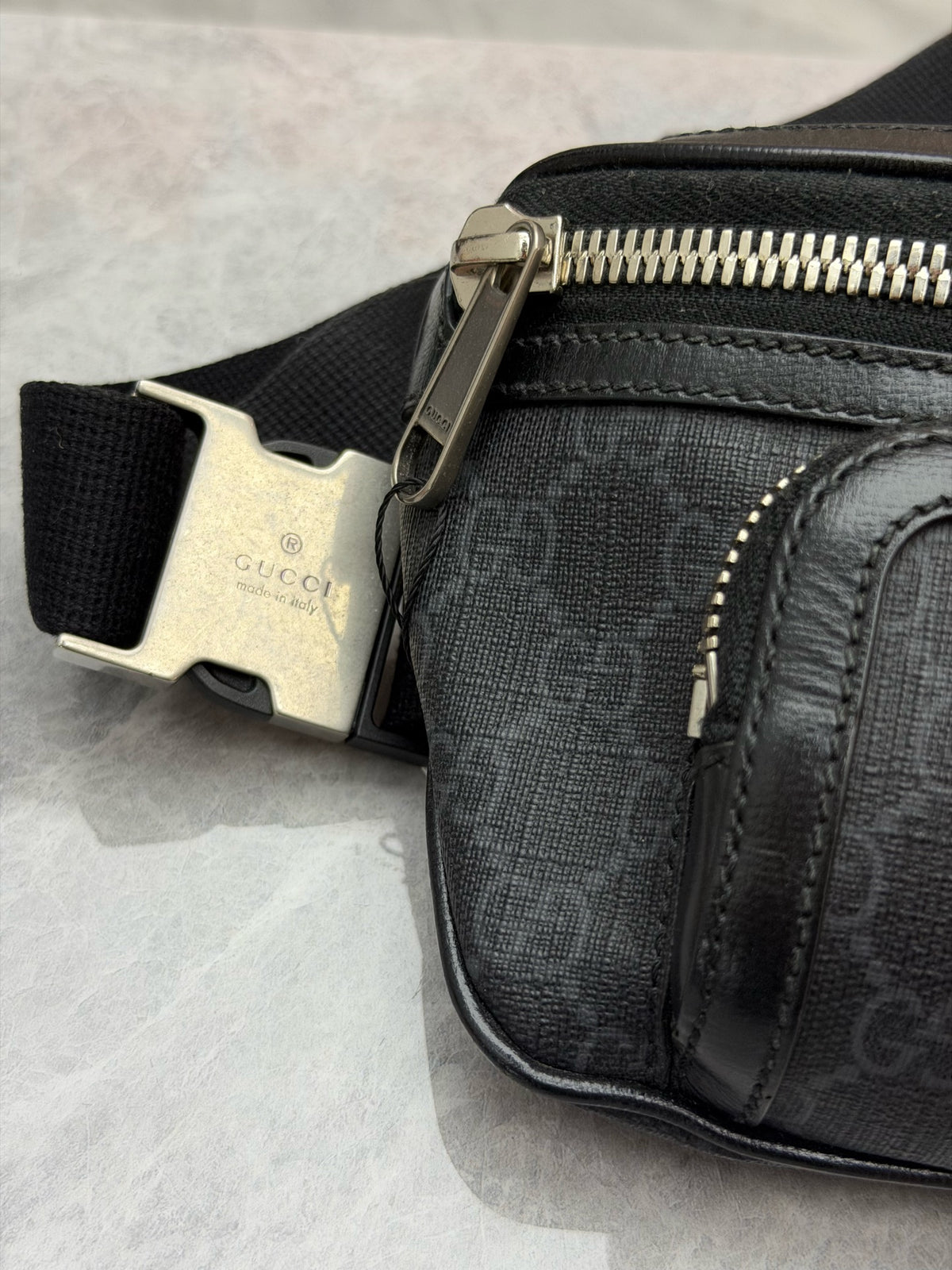 GUCCI Ophidia Belt Bag – Black GG Supreme Canvas with Web Stripe, Good Pre-Owned