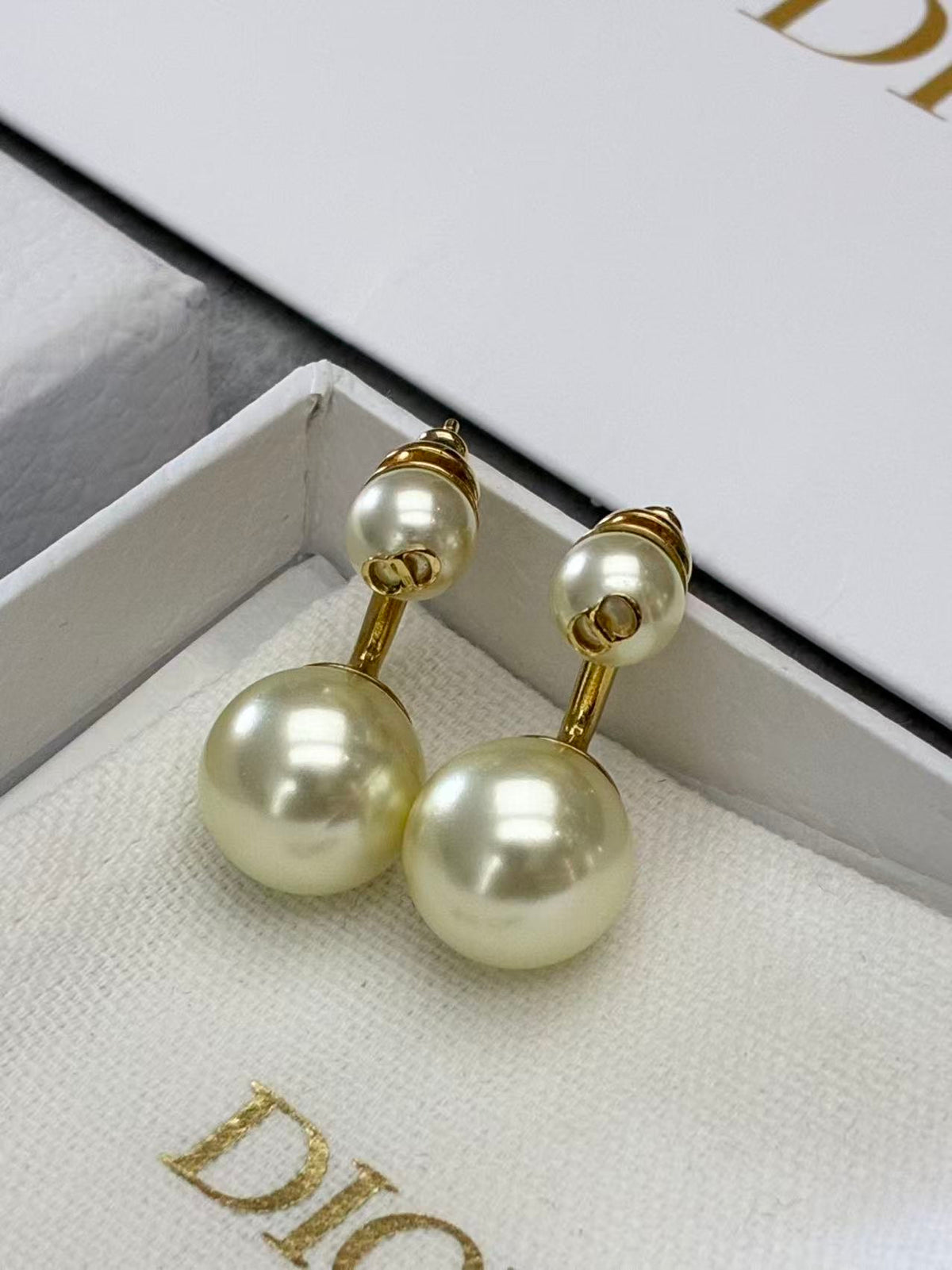 DIOR Tribales Earrings – Faux Pearl CD Motif, Gold-Tone, Good Pre-Owned