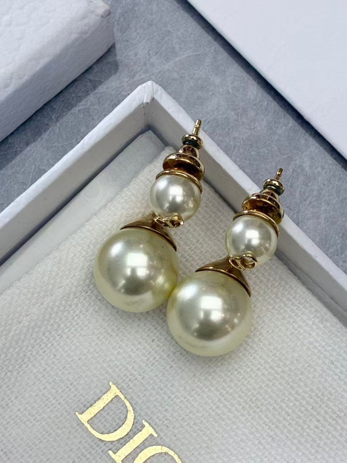 DIOR Tribales Earrings – Faux Pearl CD Motif, Gold-Tone, Good Pre-Owned
