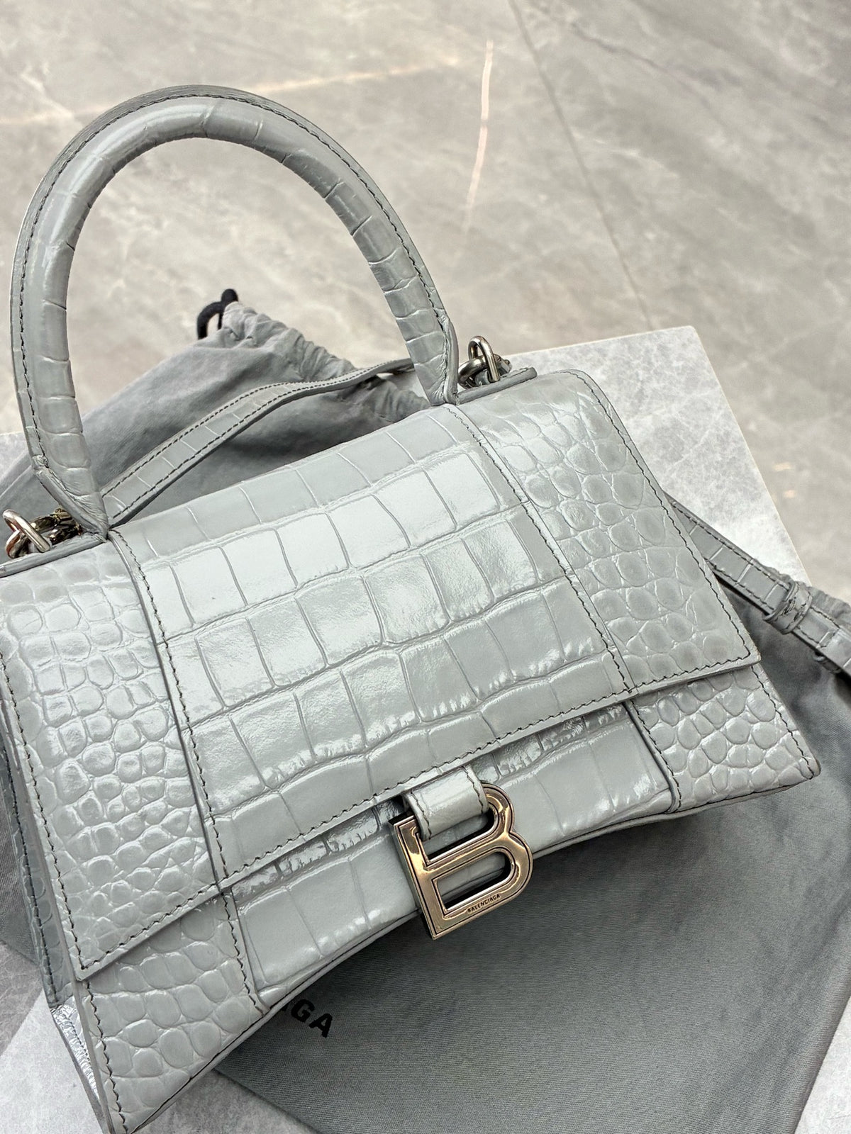 BALENCIAGA Hourglass Small – Grey Crocodile-Embossed Calfskin, Silver Hardware, Good Pre-Owned