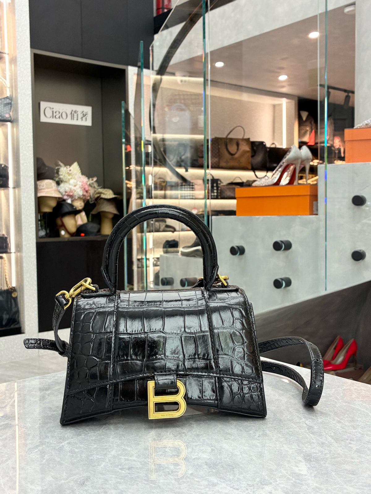 BALENCIAGA Hourglass XS – Black Crocodile-Embossed Calfskin, Gold Hardware, Good Pre-Owned