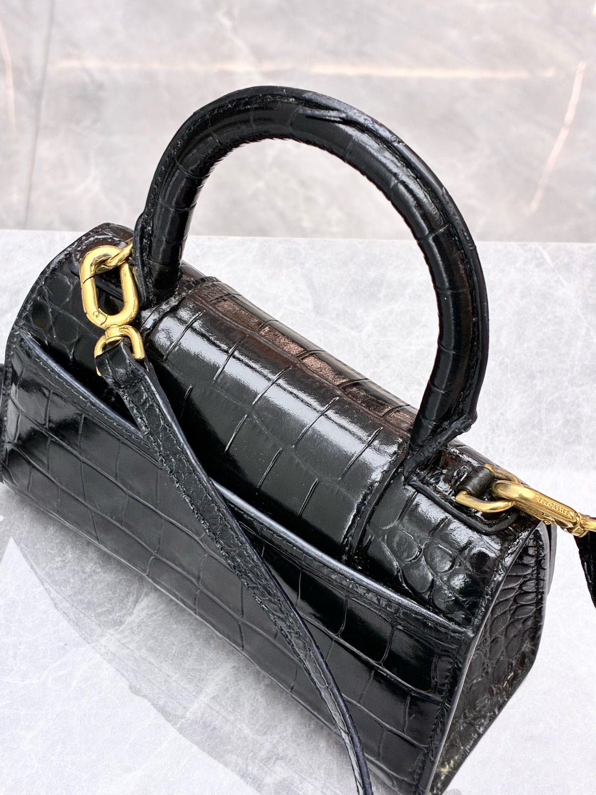 BALENCIAGA Hourglass XS – Black Crocodile-Embossed Calfskin, Gold Hardware, Good Pre-Owned