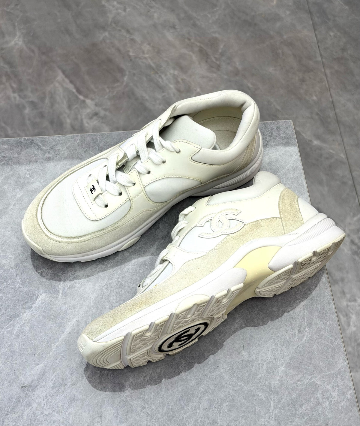 CHANEL CC Sneakers – White Calfskin and Suede, Size 36, Good Pre-Owned