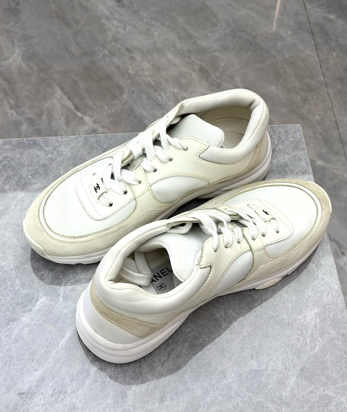 CHANEL CC Sneakers – White Calfskin and Suede, Size 36, Good Pre-Owned