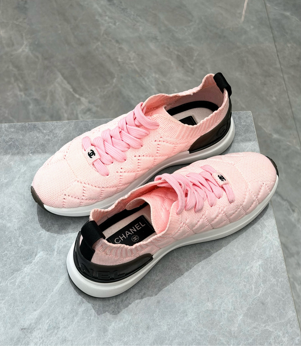 CHANEL Knit Sneakers – Pink Quilted Knit with Black Heel Counter, Size 36, Very Good Pre-Owned