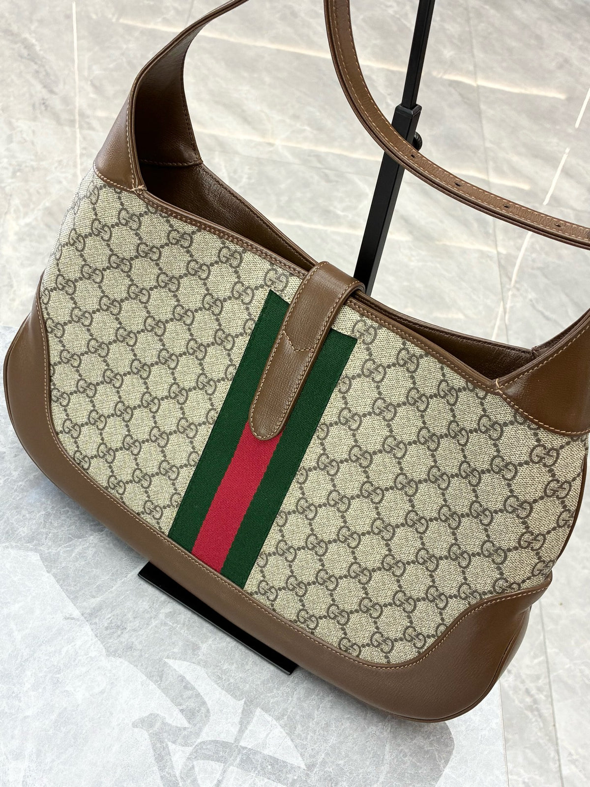 GUCCI Jackie 1961 Medium – Beige GG Supreme Canvas with Brown Leather Trim, Web Stripe, Gold Hardware, Good Pre-Owned