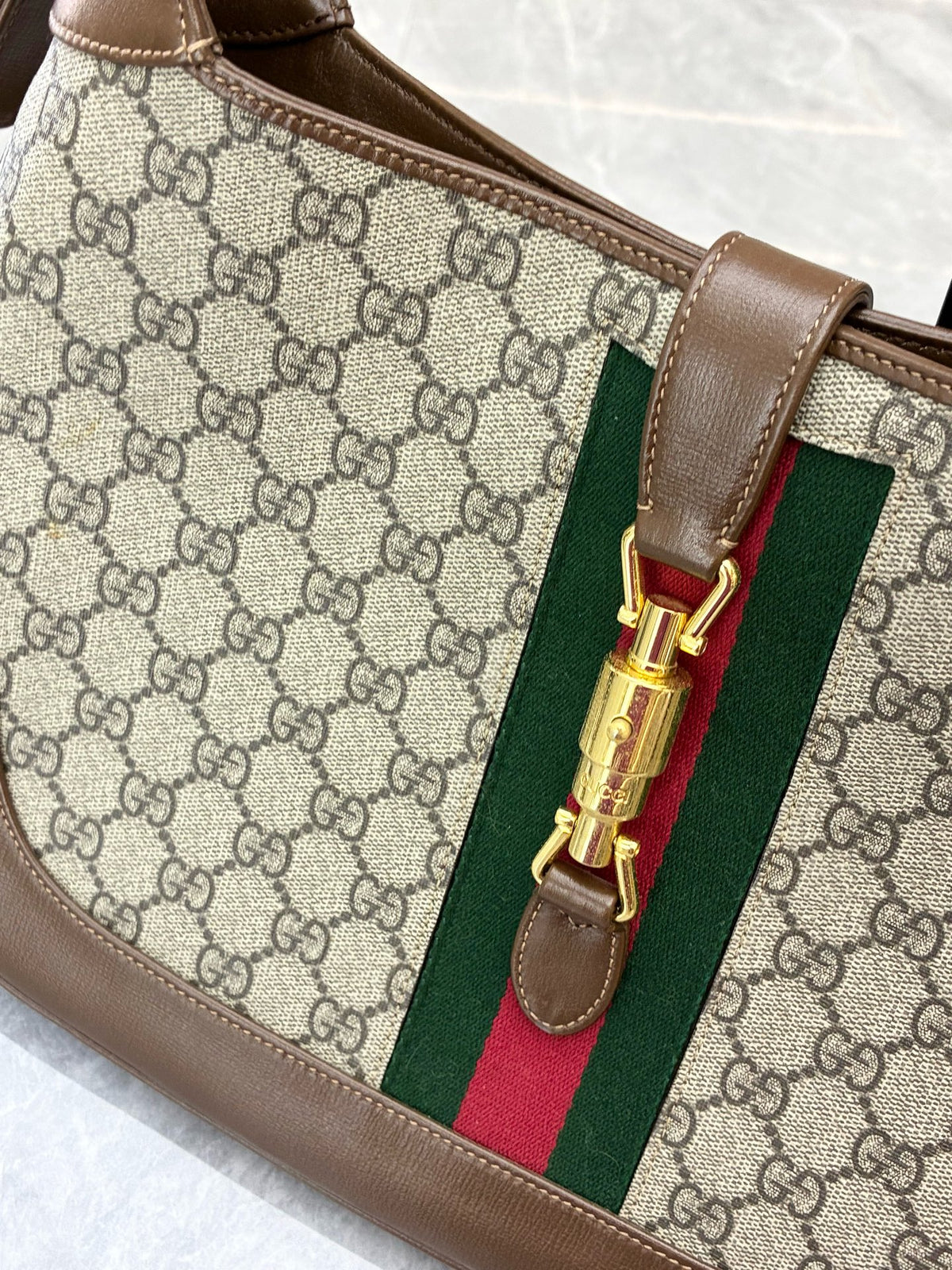 GUCCI Jackie 1961 Medium – Beige GG Supreme Canvas with Brown Leather Trim, Web Stripe, Gold Hardware, Good Pre-Owned