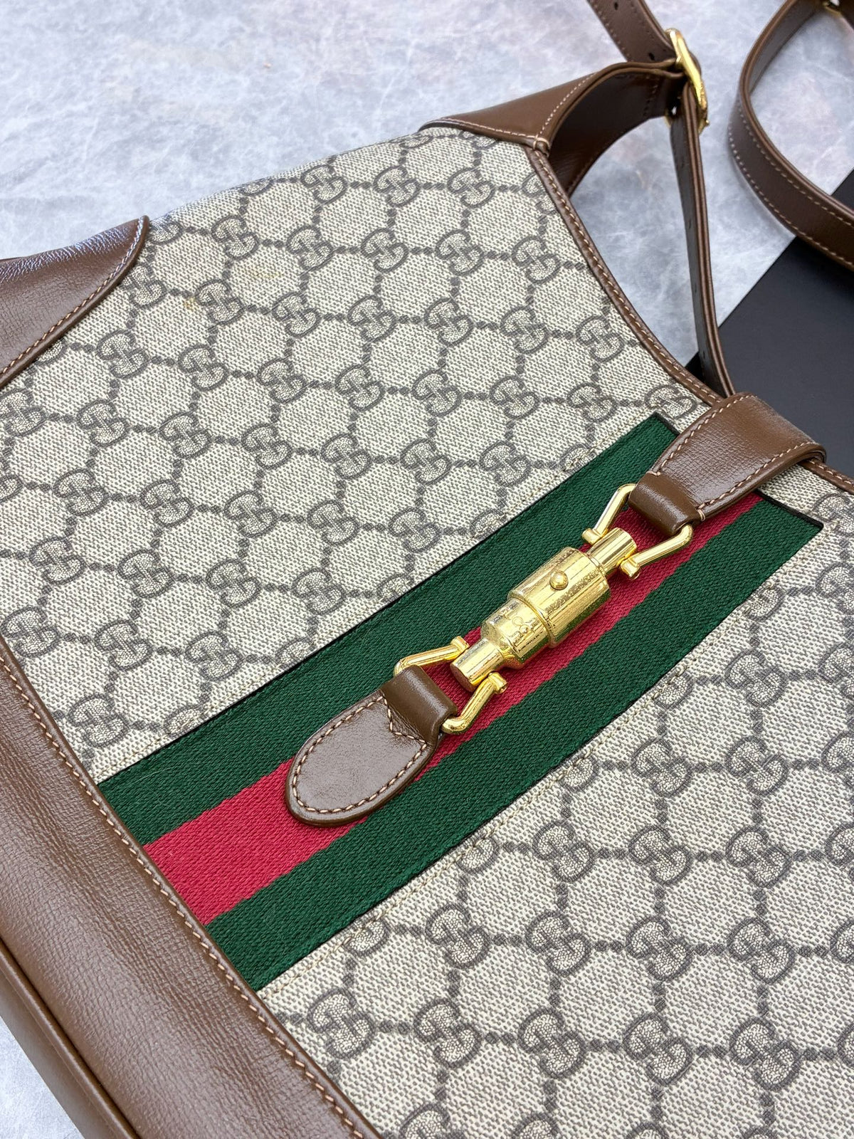 GUCCI Jackie 1961 Medium – Beige GG Supreme Canvas with Brown Leather Trim, Web Stripe, Gold Hardware, Good Pre-Owned