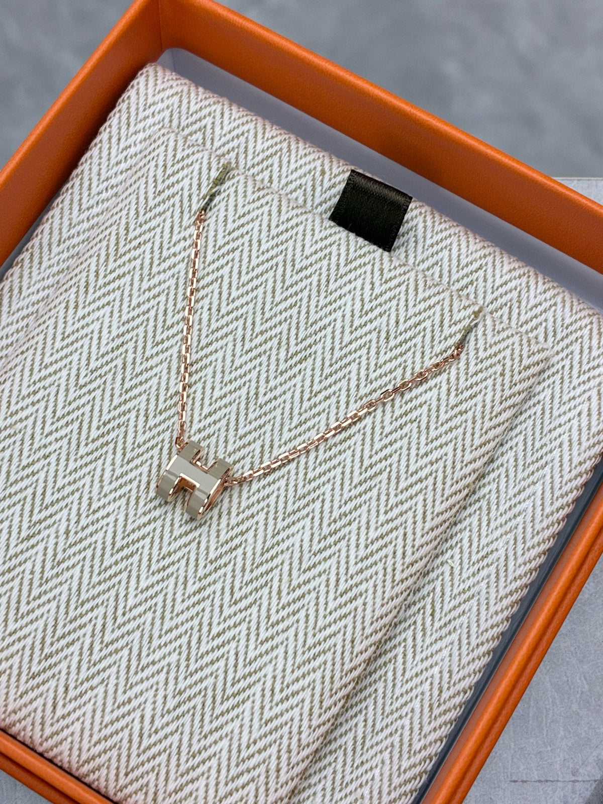 HERMÈS Pop H Necklace – Greige Lacquer Pendant, Rose-Gold-Plated Chain, Brand New
