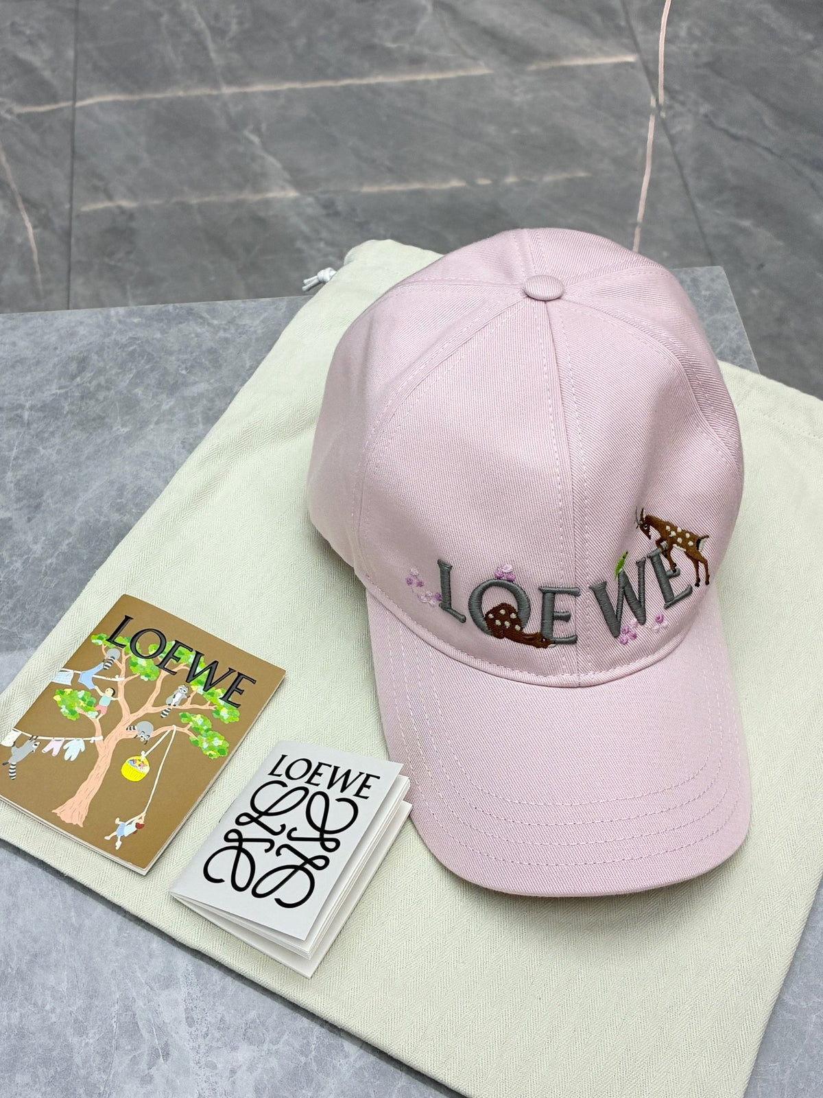LOEWE x Suna Fujita Baseball Cap – Pink Cotton with Fawn Embroidery, Size L, Brand New