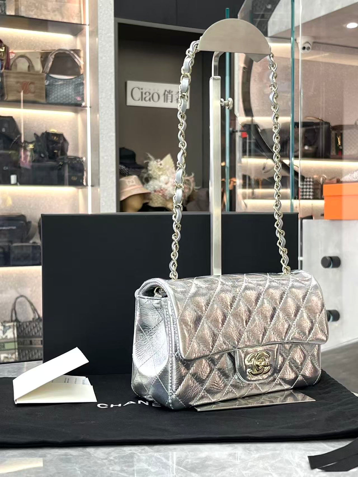 CHANEL Classic Flap Mini – Metallic Silver Crumpled Calfskin, Silver Hardware, 26B, Brand New