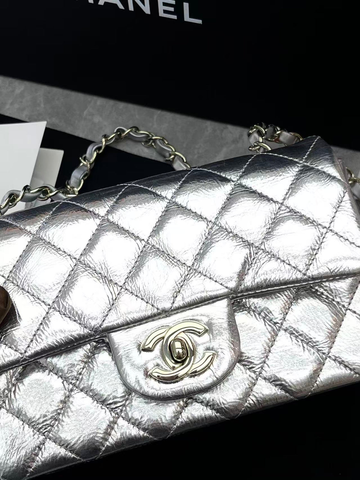 CHANEL Classic Flap Mini – Metallic Silver Crumpled Calfskin, Silver Hardware, 26B, Brand New