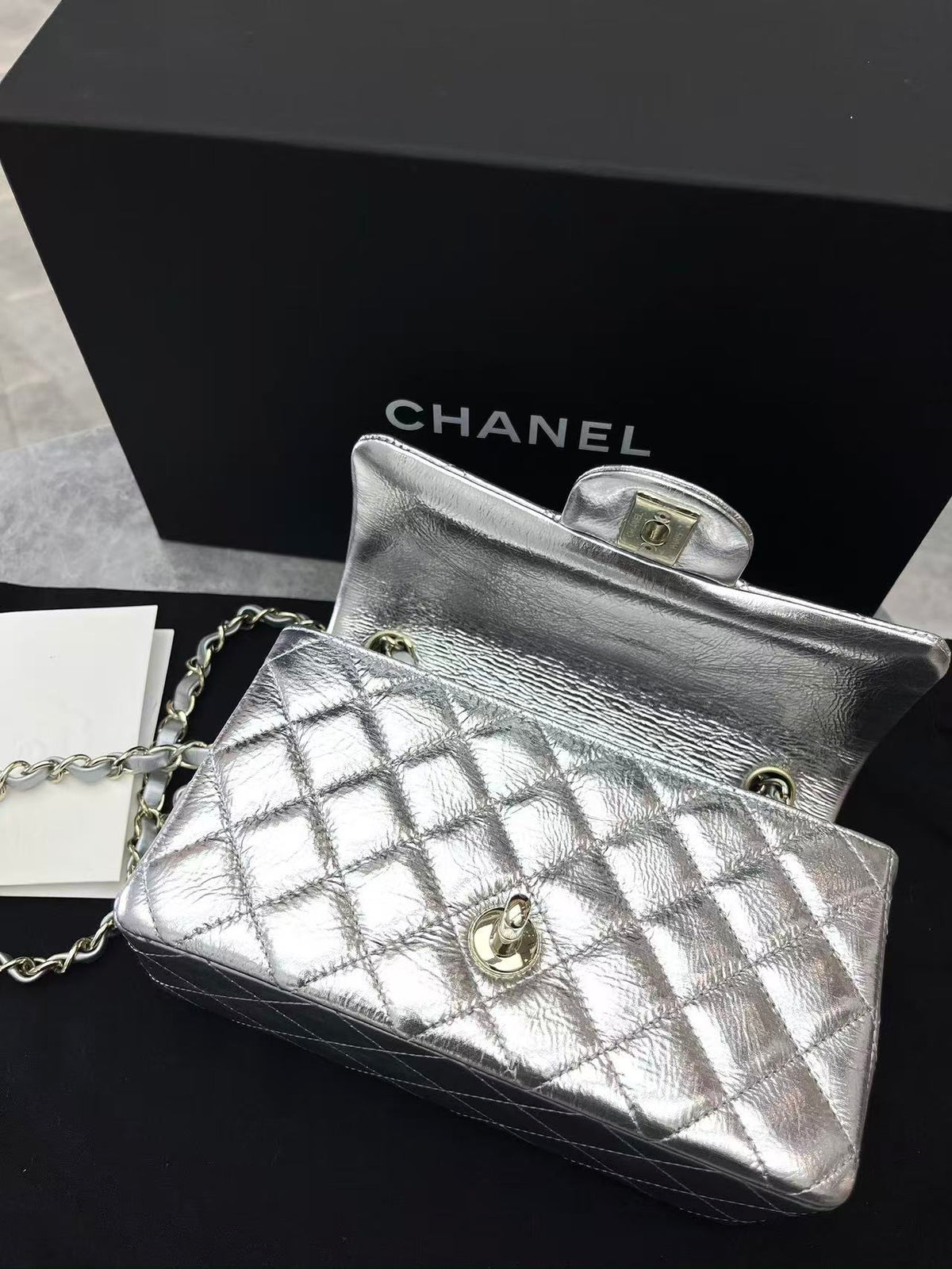 CHANEL Classic Flap Mini – Metallic Silver Crumpled Calfskin, Silver Hardware, 26B, Brand New
