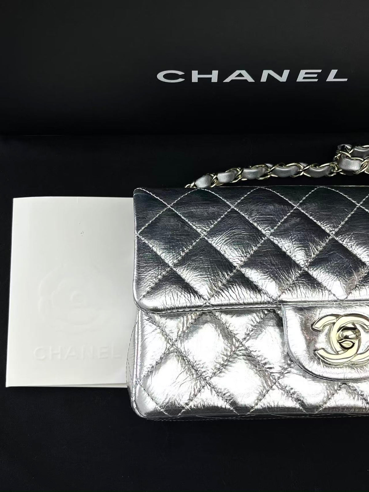 CHANEL Classic Flap Mini – Metallic Silver Crumpled Calfskin, Silver Hardware, 26B, Brand New