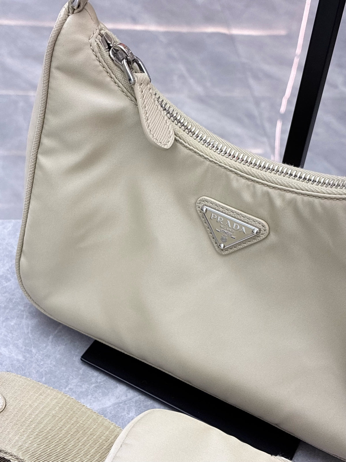 PRADA Re-Nylon Hobo Bag – Milk Tea Nylon with Silver Chain and Woven Strap, Convertible, Good Pre-Owned