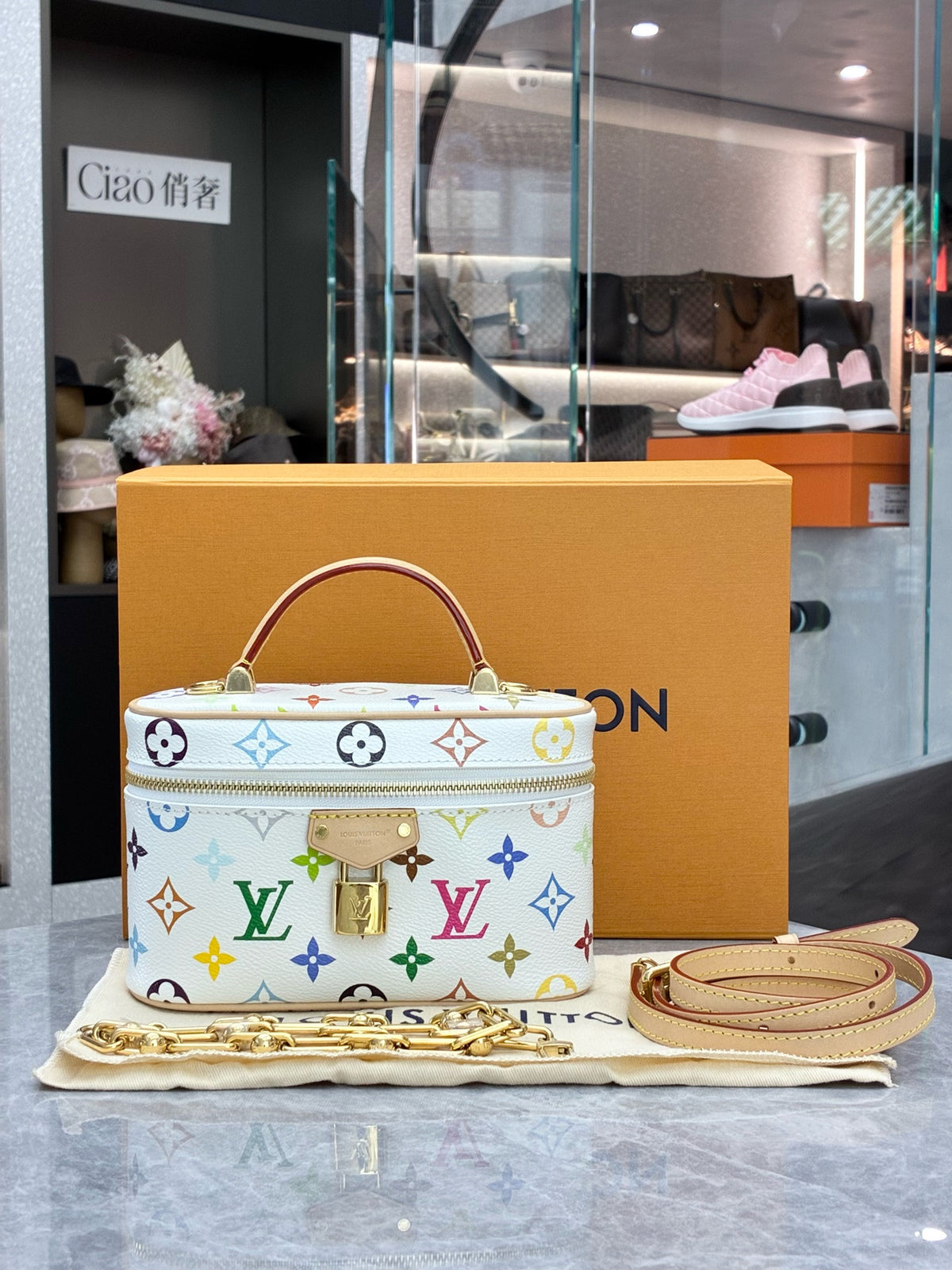 LOUIS VUITTON Monogram Multicolore Vanity Case – White Monogram Takashi Murakami Series, Gold-Tone Lock and Chain, Brand New