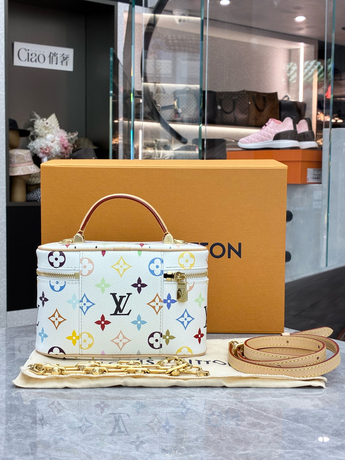 LOUIS VUITTON Monogram Multicolore Vanity Case – White Monogram Takashi Murakami Series, Gold-Tone Lock and Chain, Brand New