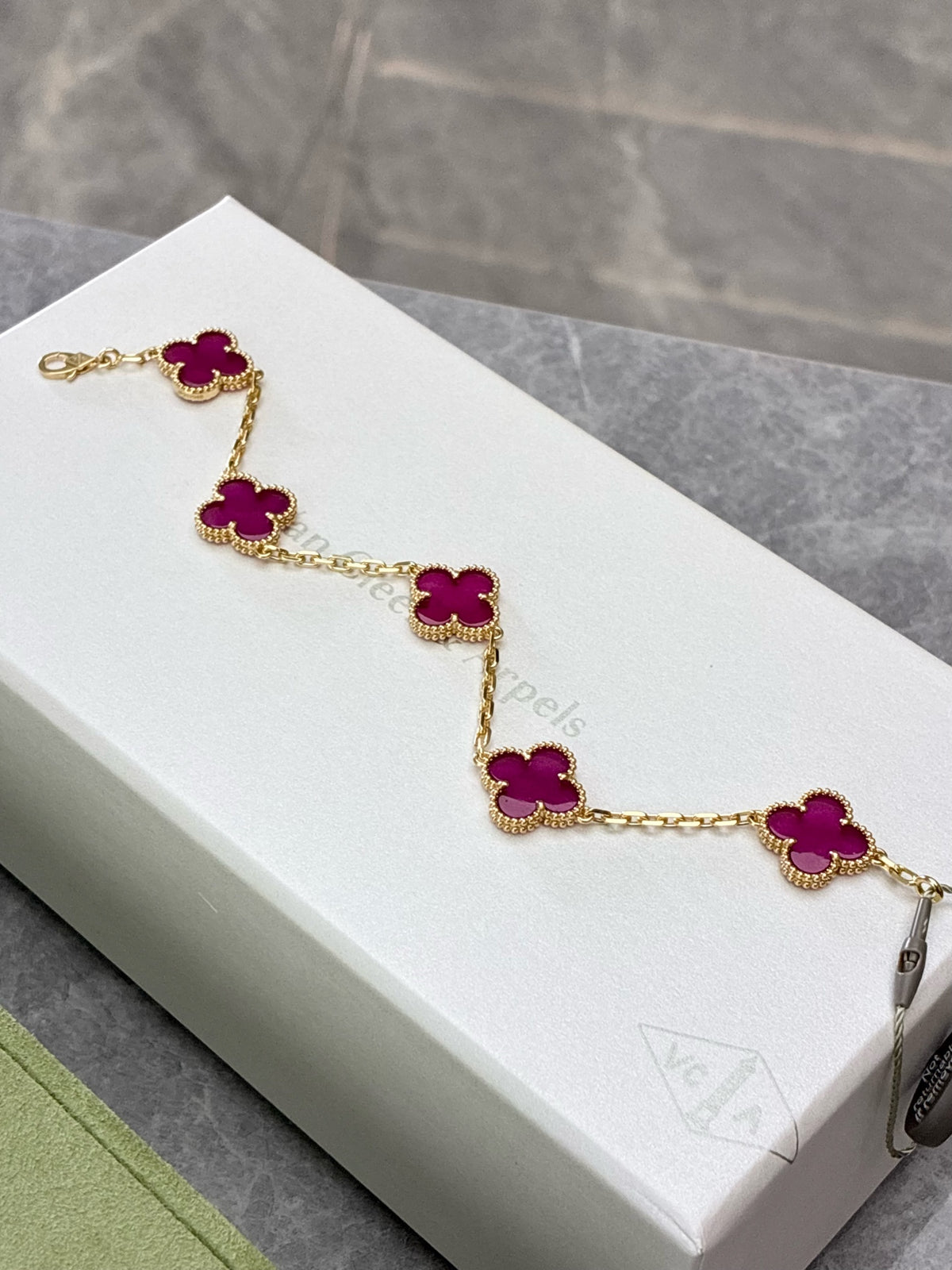VAN CLEEF & ARPELS Vintage Alhambra Bracelet – Five Motifs in Pink Enamel with Beaded Gold Rims, Brand New