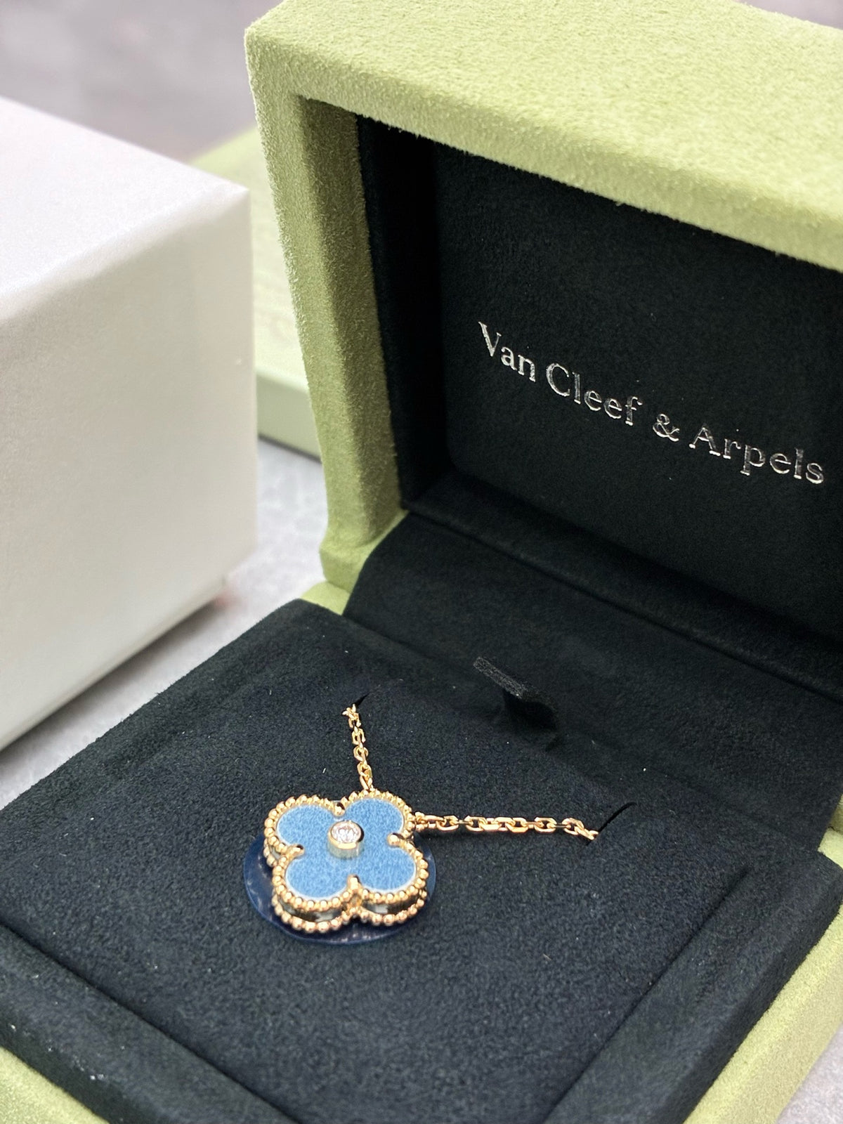 VAN CLEEF & ARPELS Holiday Limited Edition 2026 Alhambra Pendant – Blue-Grey Ceramic with Gold and Diamond Rim, Brand New