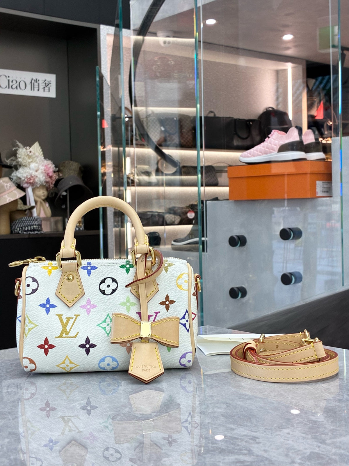 LOUIS VUITTON Nano Speedy – White Monogram Multicolore Canvas with Vachetta Handles, Microchip Era, 99% New
