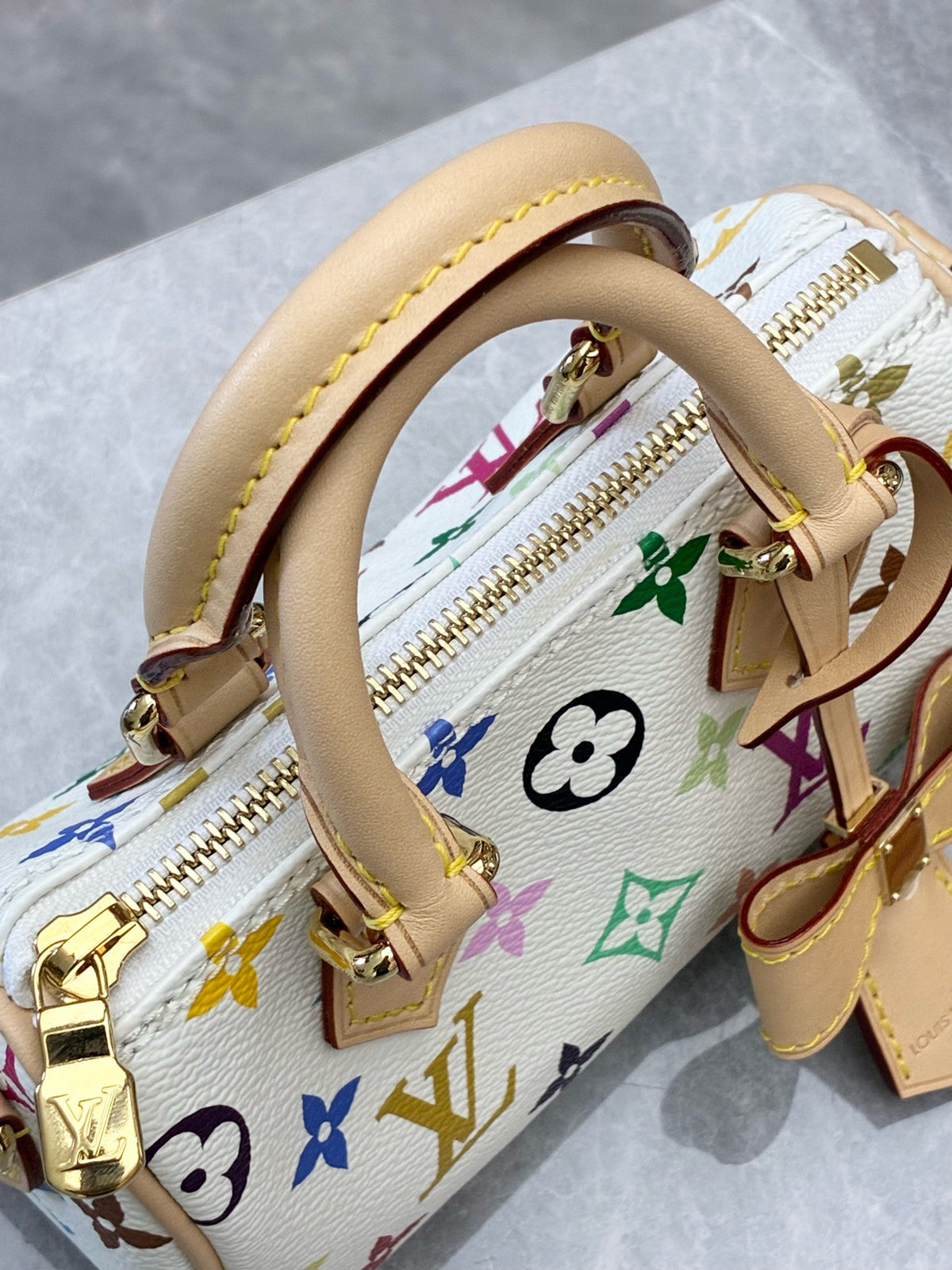 LOUIS VUITTON Nano Speedy – White Monogram Multicolore Canvas with Vachetta Handles, Microchip Era, 99% New