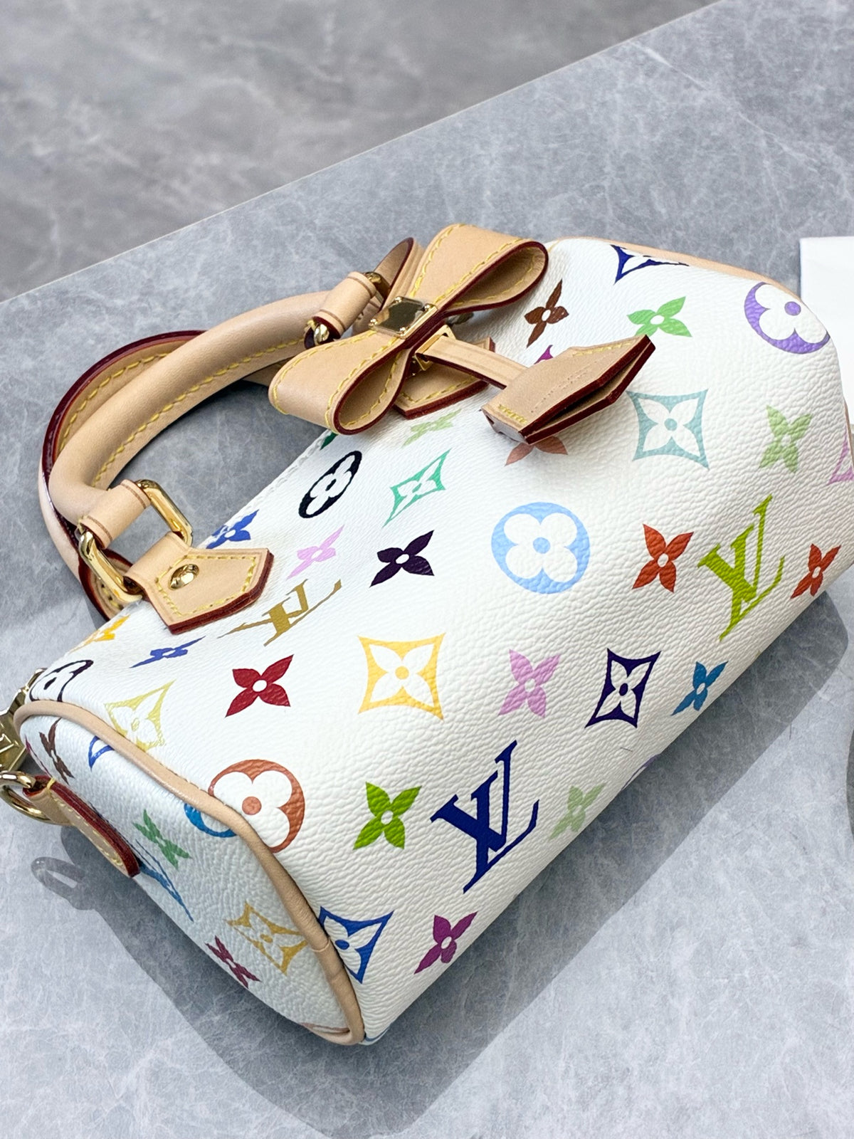 LOUIS VUITTON Nano Speedy – White Monogram Multicolore Canvas with Vachetta Handles, Microchip Era, 99% New