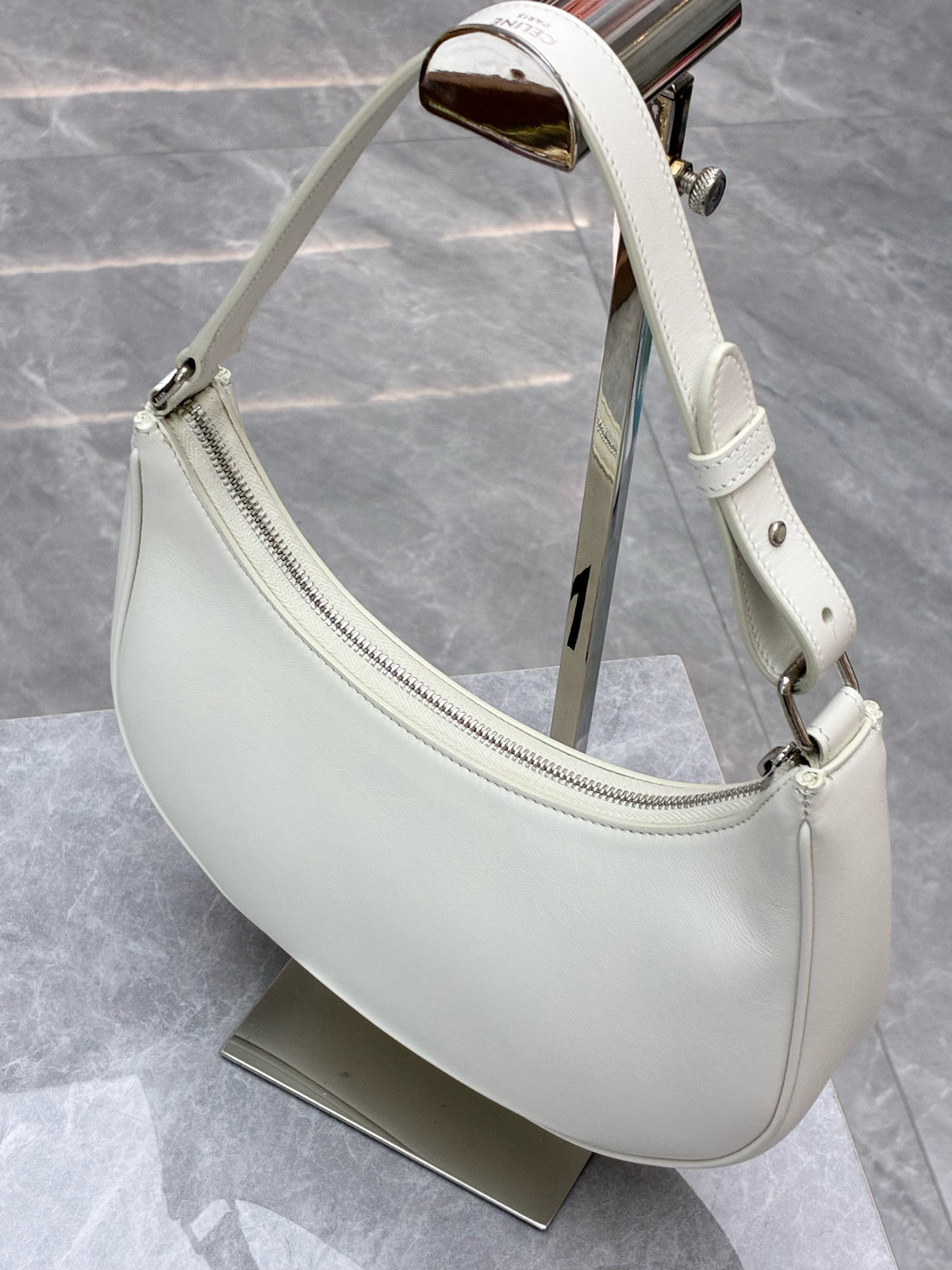 CELINE Ava Shoulder Bag – White Calfskin with Large Black CELINE Logo, Good Pre-Owned