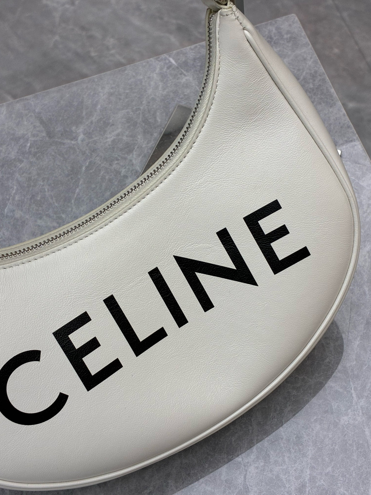 CELINE Ava Shoulder Bag – White Calfskin with Large Black CELINE Logo, Good Pre-Owned