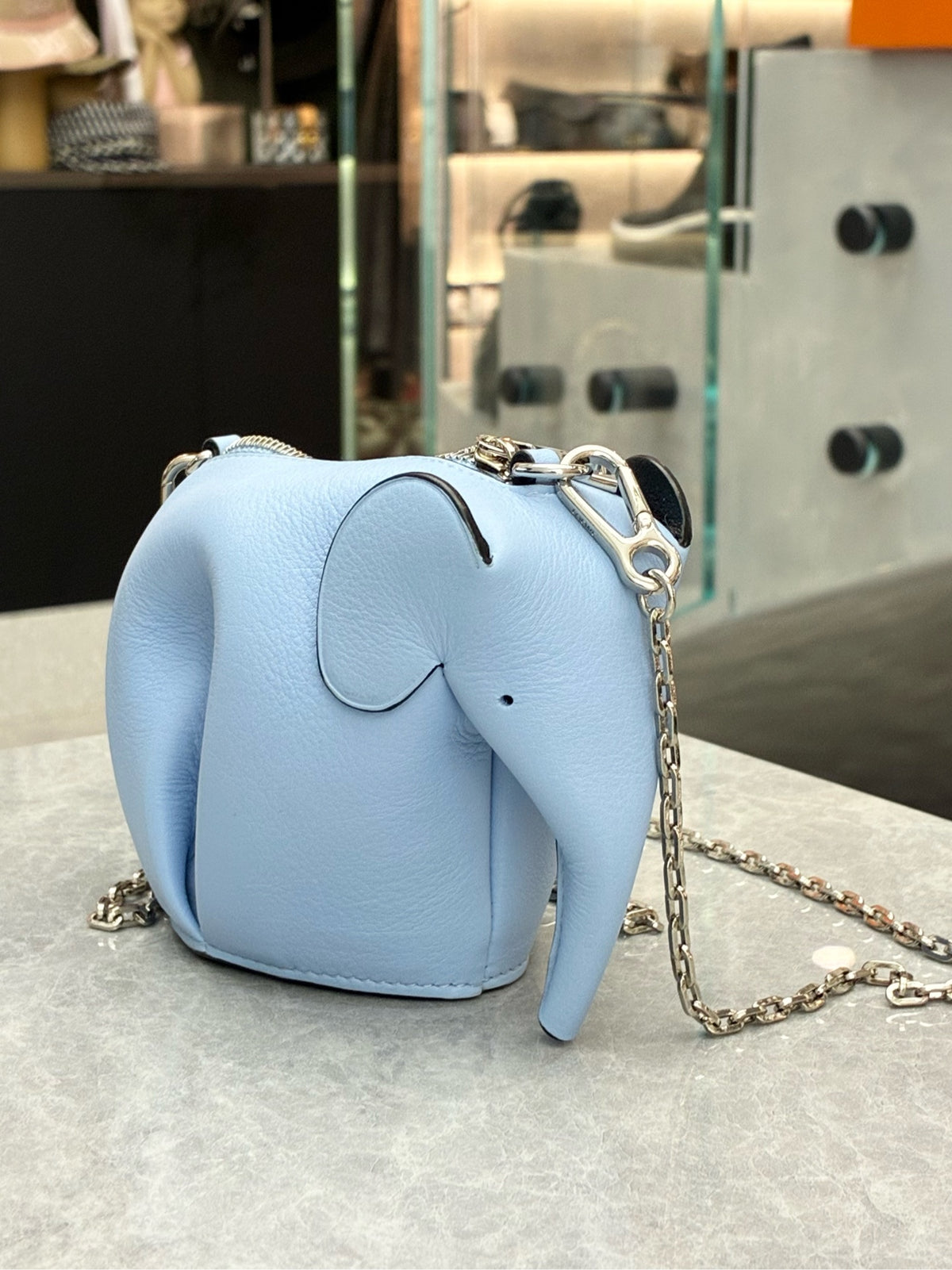 LOEWE Mini Elephant Shoulder Bag – Light Blue Grained Leather with Silver Chain, 99% New