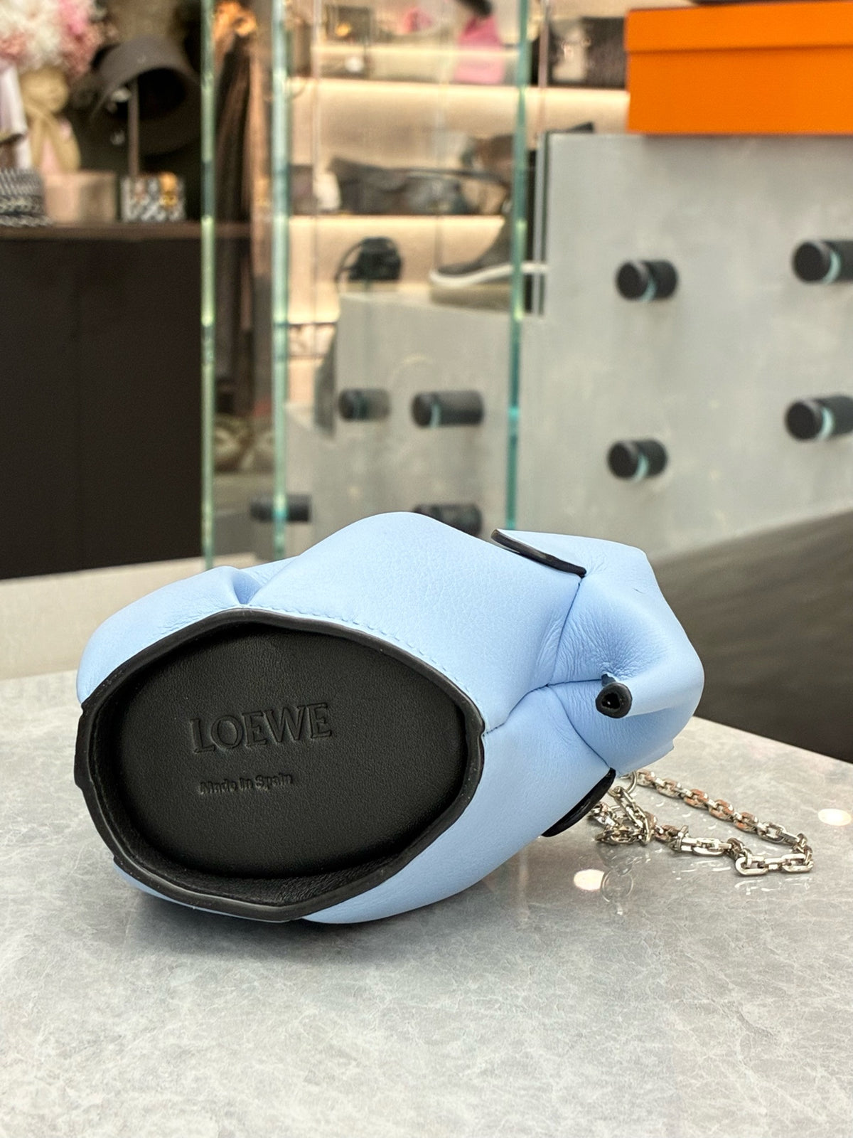 LOEWE Mini Elephant Shoulder Bag – Light Blue Grained Leather with Silver Chain, 99% New