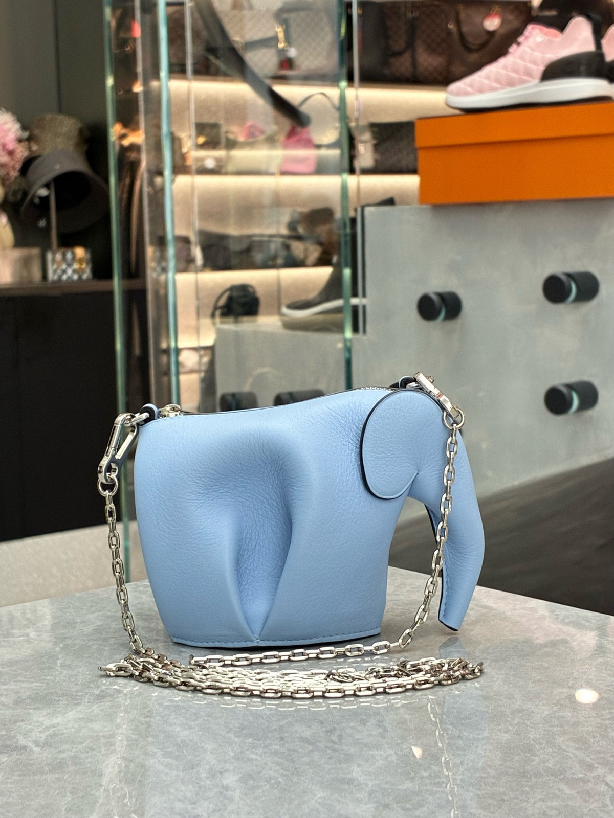 LOEWE Mini Elephant Shoulder Bag – Light Blue Grained Leather with Silver Chain, 99% New