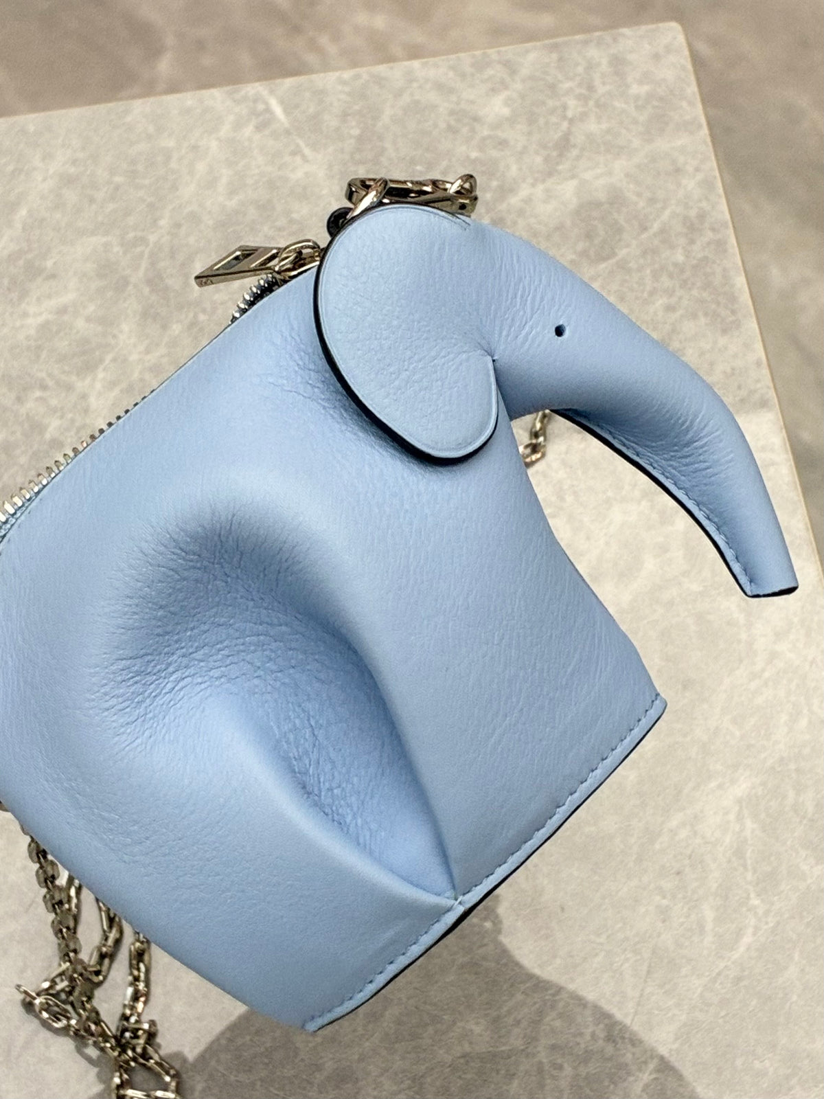 LOEWE Mini Elephant Shoulder Bag – Light Blue Grained Leather with Silver Chain, 99% New