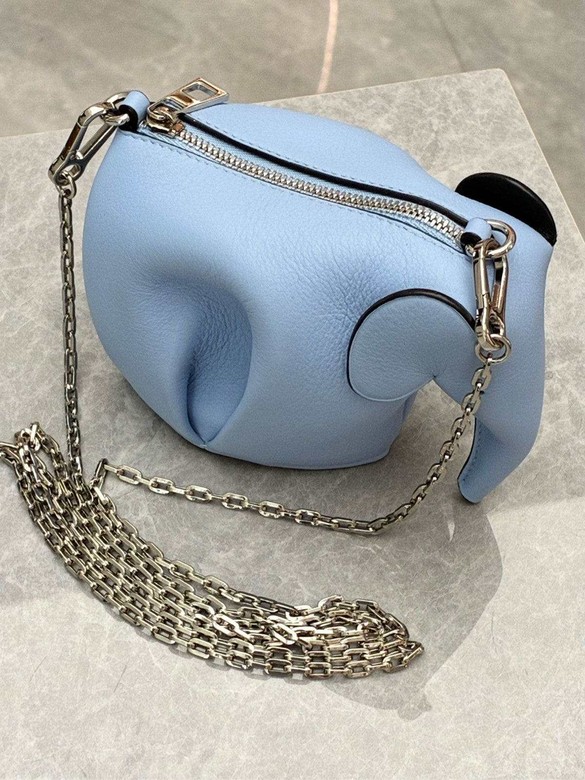 LOEWE Mini Elephant Shoulder Bag – Light Blue Grained Leather with Silver Chain, 99% New