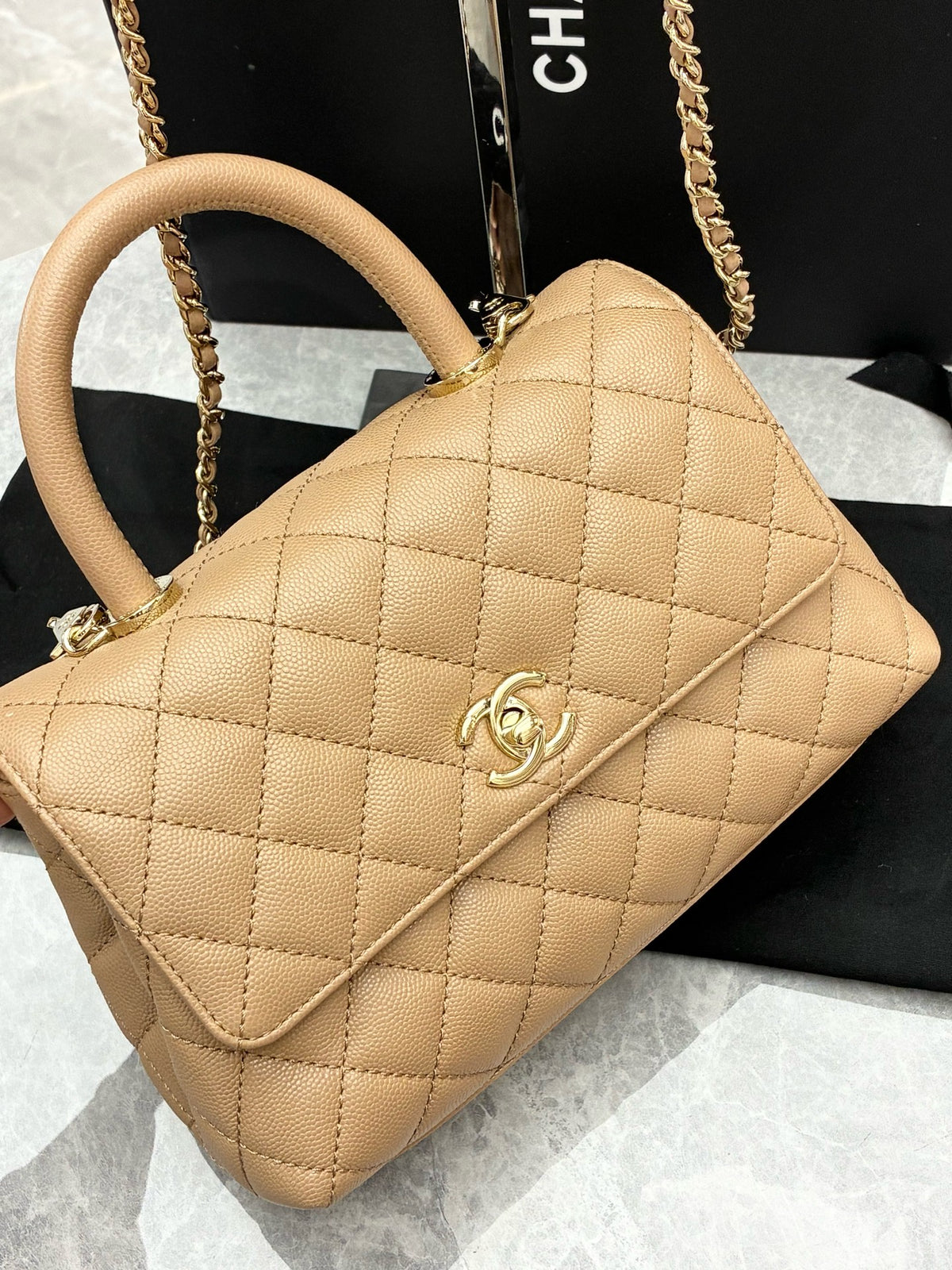 CHANEL Coco Handle Small – Milk Tea Quilted Calfskin with Gold-Tone Hardware, 23 x 6 x 14 cm, Microchip Era, 99% New