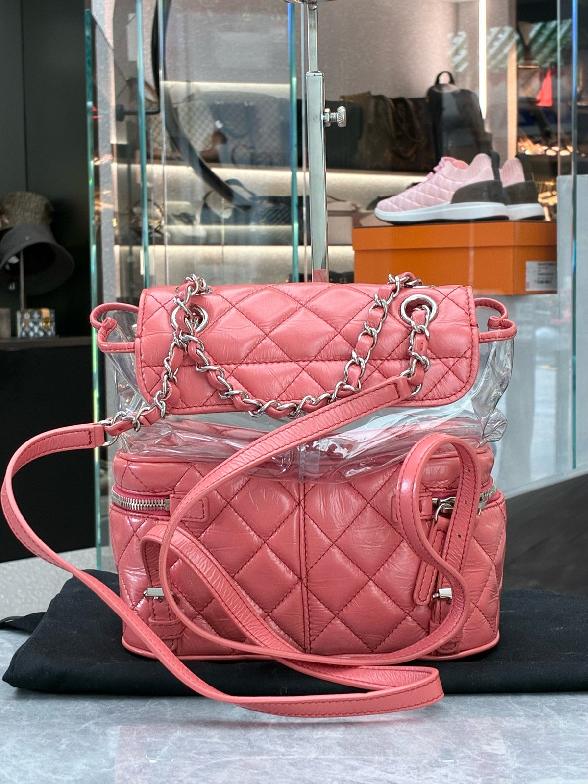 CHANEL 18S Backpack – Pink Lambskin and Clear PVC with Silver-Tone CC, 24 x 11 x 22 cm, Good Pre-Owned