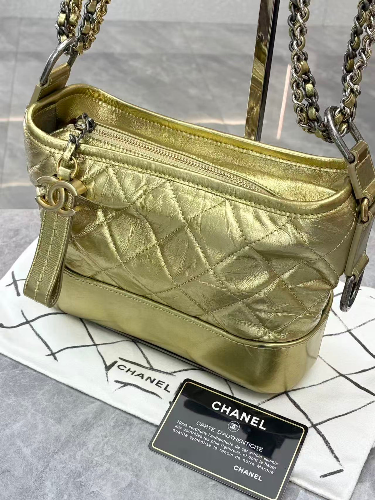 CHANEL Wanderer Small – Gold Crushed Lambskin with Chain Strap, Good Pre-Owned
