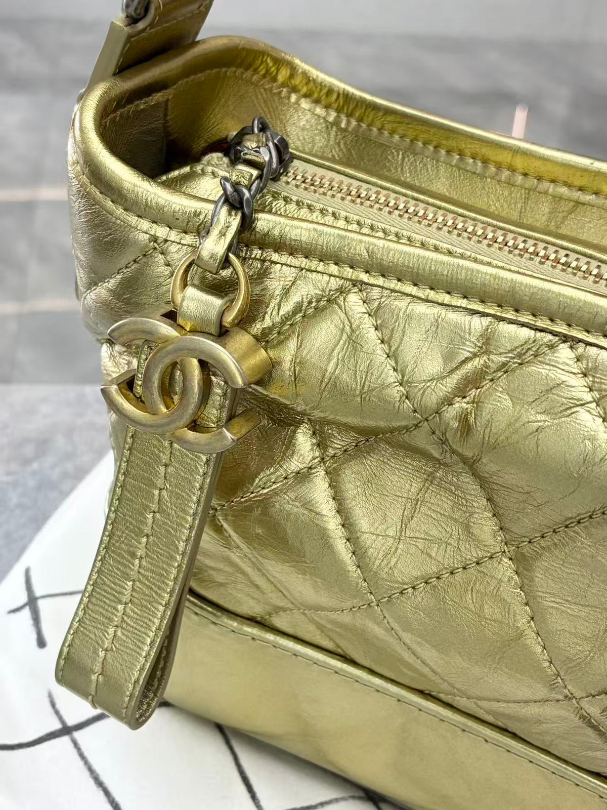 CHANEL Wanderer Small – Gold Crushed Lambskin with Chain Strap, Good Pre-Owned