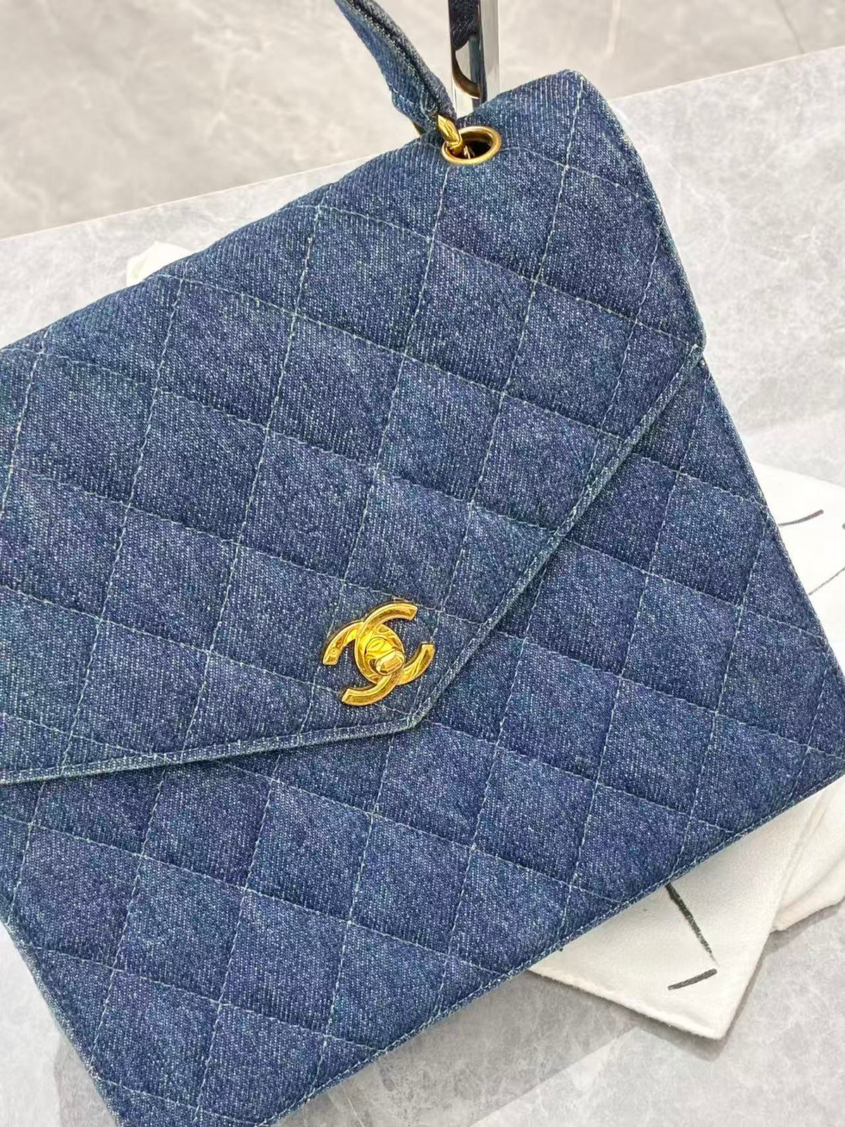 CHANEL Vintage Kelly Bag – Blue Denim Quilted with Gold-Tone Hardware, Good Pre-Owned