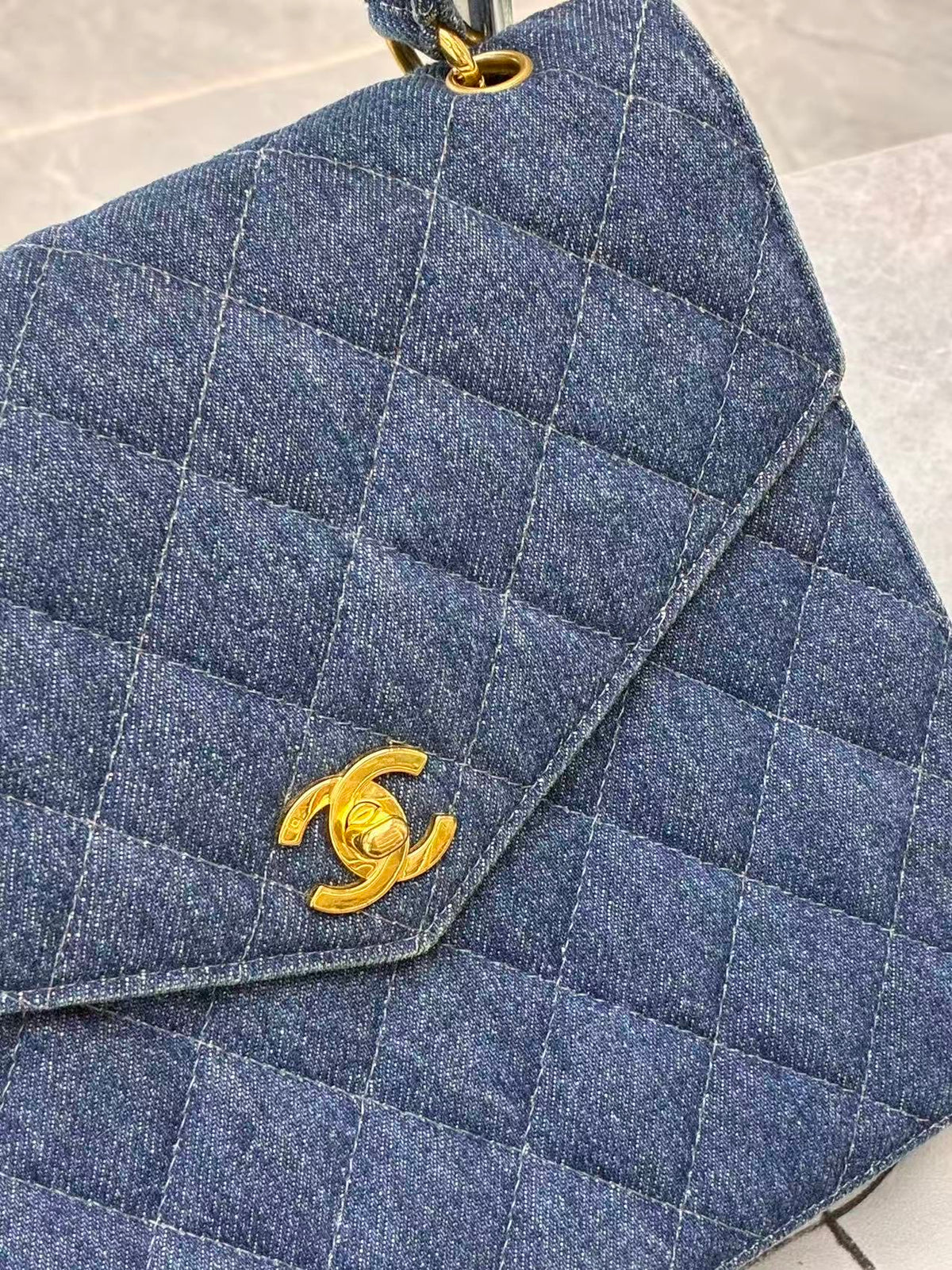 CHANEL Vintage Kelly Bag – Blue Denim Quilted with Gold-Tone Hardware, Good Pre-Owned