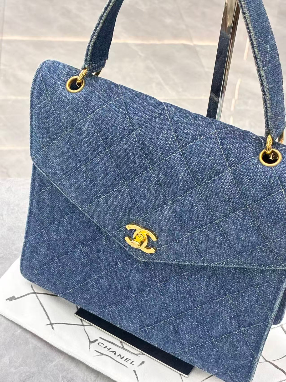 CHANEL Vintage Kelly Bag – Blue Denim Quilted with Gold-Tone Hardware, Good Pre-Owned