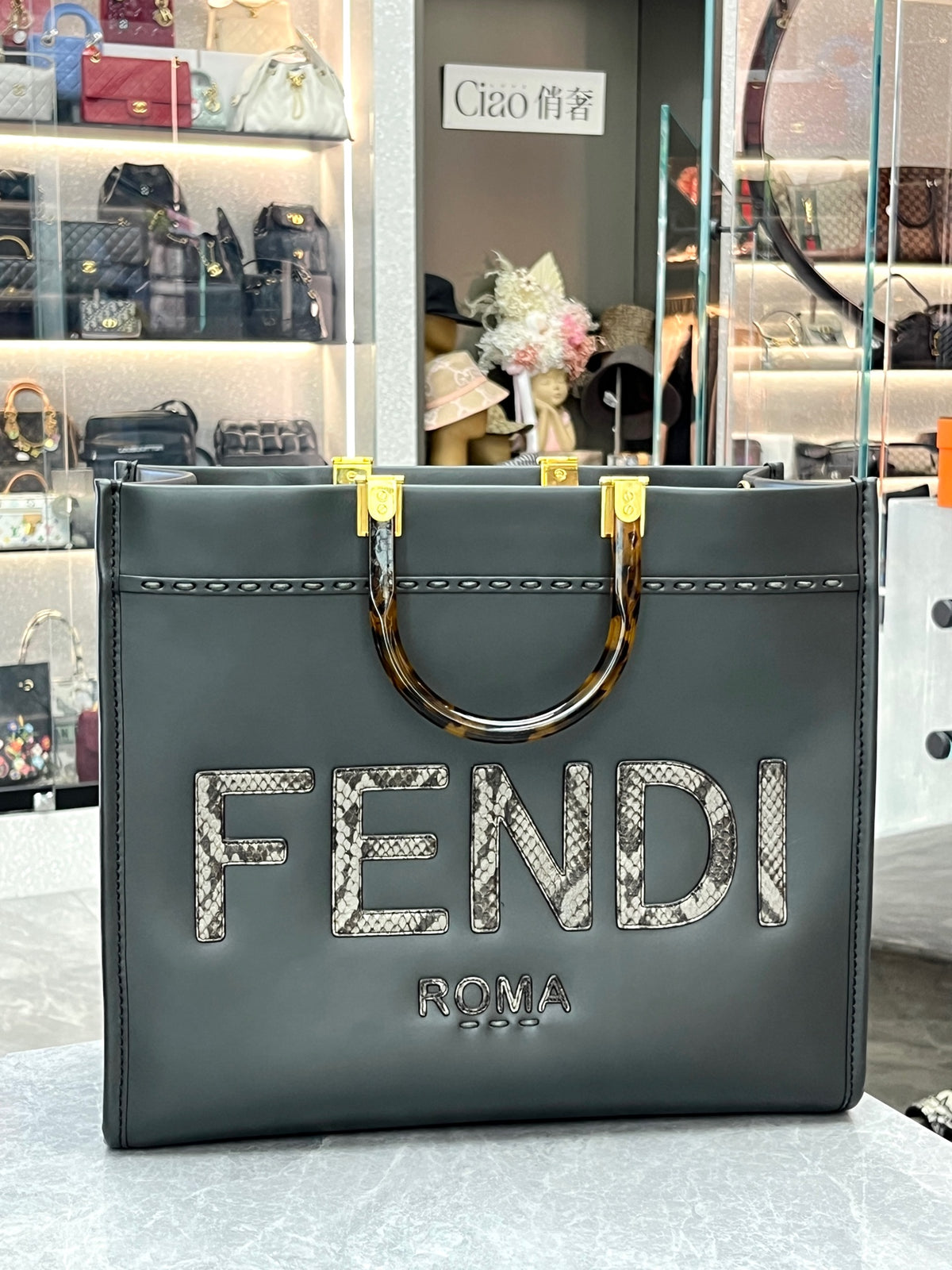 FENDI Sunshine Shopper – Black Leather with Tortoiseshell Handles and Crystal FENDI ROMA Lettering, Good Pre-Owned